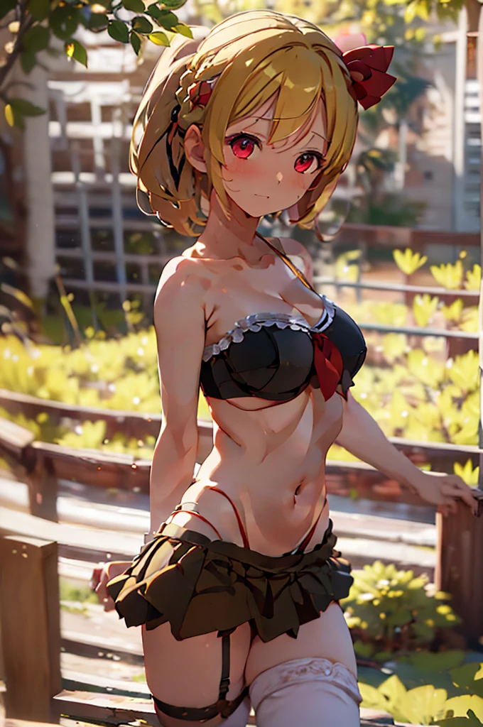 (masterpiece, best quality), best quality, (ultra-detailed), (3heads:1.5), 1girl, (rumia:1.3), masterpiece, best quality, ultra quality, ultra resolution, ultra detail, black top, crop top, ((stomach)), midriff, ((groin)), black skirt, normal ears, shackles, blonde hair, very long hair, wavy hair, short hair, red eyes, parted lips, open belly, , sweat, cute, toned belly, hand on own chest, eyelashes, (23 year old woman:1.3), (masterpiece:1.5), (best quality:1.5), (beautiful detailed), extremely detailed CG, extremely delicate and beautiful, depth of field, (finely detailed face), (perfect details:1.2), (mature female:1.3), wide pelvis, slender, large veiny breast, 16k resolution, highres, very high quality, very high definition, extremely detailed, masterpiece, blonde hair, long hair, alluring presence, braid, short skirt, close up, big tits, young, hair ribbon, red ribbon, open belly, girl with three heads, 