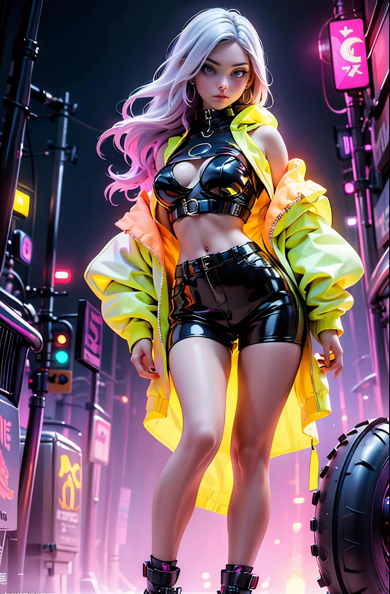 Centered, symmetrical, official art, unity 8k wallpaper, ultra detailed, beautiful and aesthetic, masterpiece, best quality, Amazing woman, neon colors, neon lights, cyberpunk alley, night street