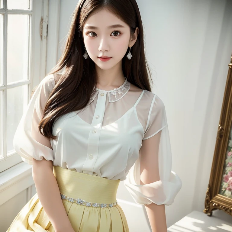 ((masterpiece)), ((highest quality)), (Very detailed), ((Very detailed)), 4K, (8k), highest quality, alone,White Room、Kind Face、Soft Light、Portrait Photography、Chiffon blouse、From the waist up、White Room、Black and white houndstooth skirt:2