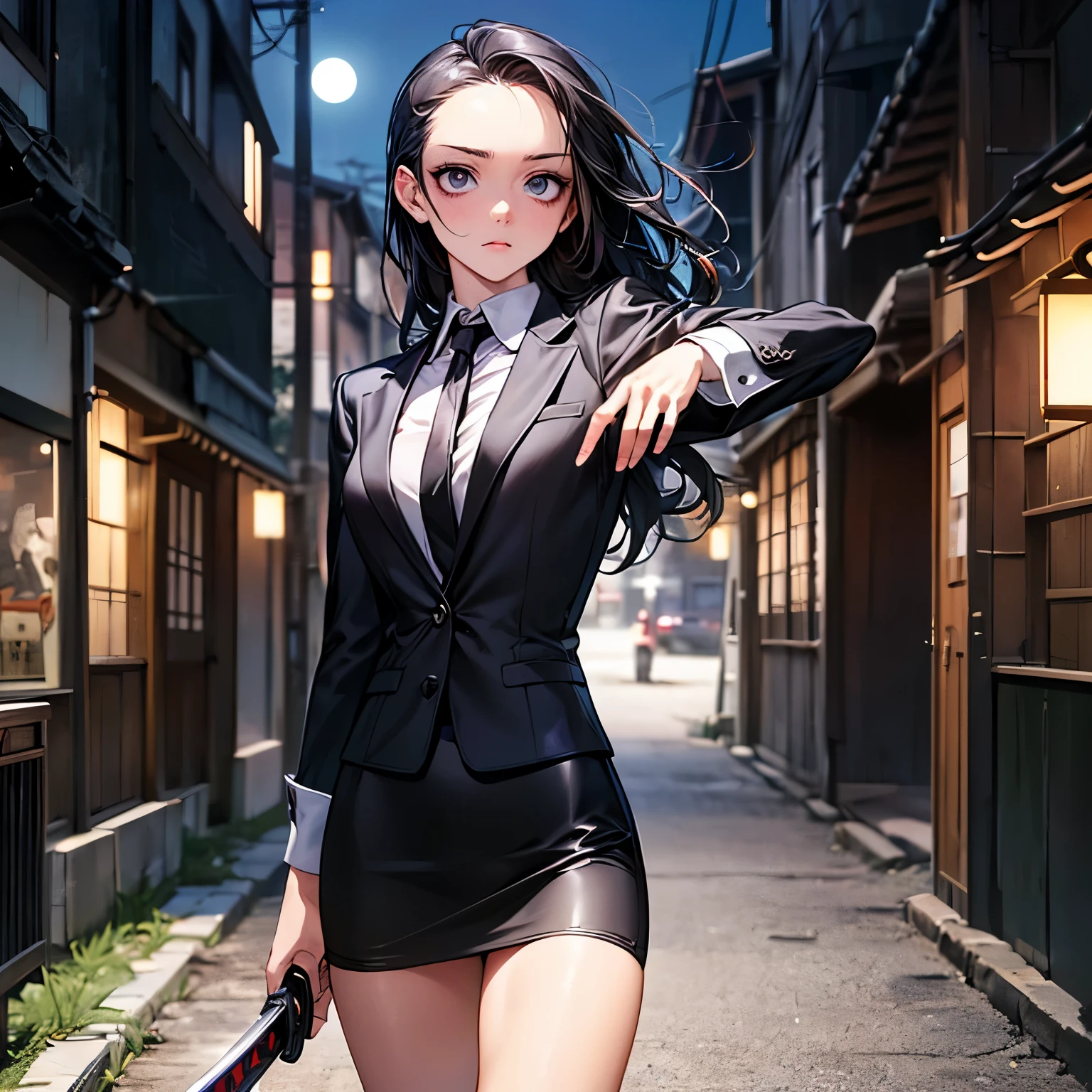 ((approaching zombies:1.7、Woman Fighting Zombies))、((perfect anatomy,realistic:1.3,RAW Photography:1.3,masterpiece、highest quality、Ultra - High resolution、High resolution、Highly detailed CG、8K)),cowboy shot,1 female,solo,18-year-old、High school girl swordsman、18-year-oldの美少女,Japanese,(((beautiful detailed face and eyes:1.3,big gorgeous eyes:1.5,gray eyes,shy))),black hair,long bob hair,(center parted hair,forehead),(medium breasts,slender body,small head:1.3,skinny),((oily skin)),(gleaming skin,shiny skin),(black tight mini skirt、black business suit、White shirt、Black tie)、Dynamic Pose,Slashing zombies with a sword、Fighting with Japan swords、Accurately depicted Japanese sword、Back Alley、at night、moonlight、Tokyo、