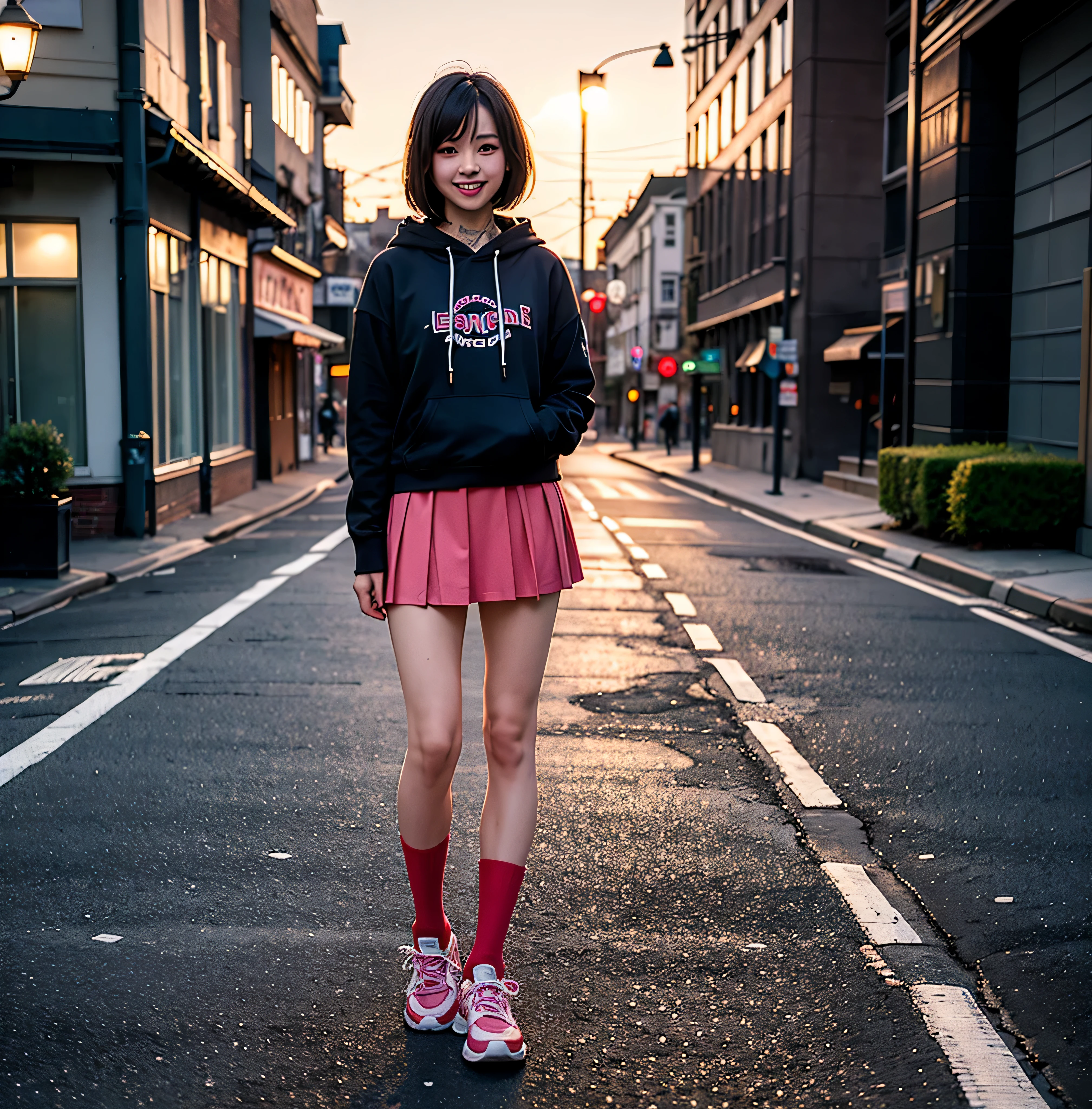 1girl, white hairs, ower sized hoodie, on street, neon lights, skirts, tattoos, jewelry, night, bio robot, high resolution, 8k, foggy, empty street, long socks, red eyes, smile, blush