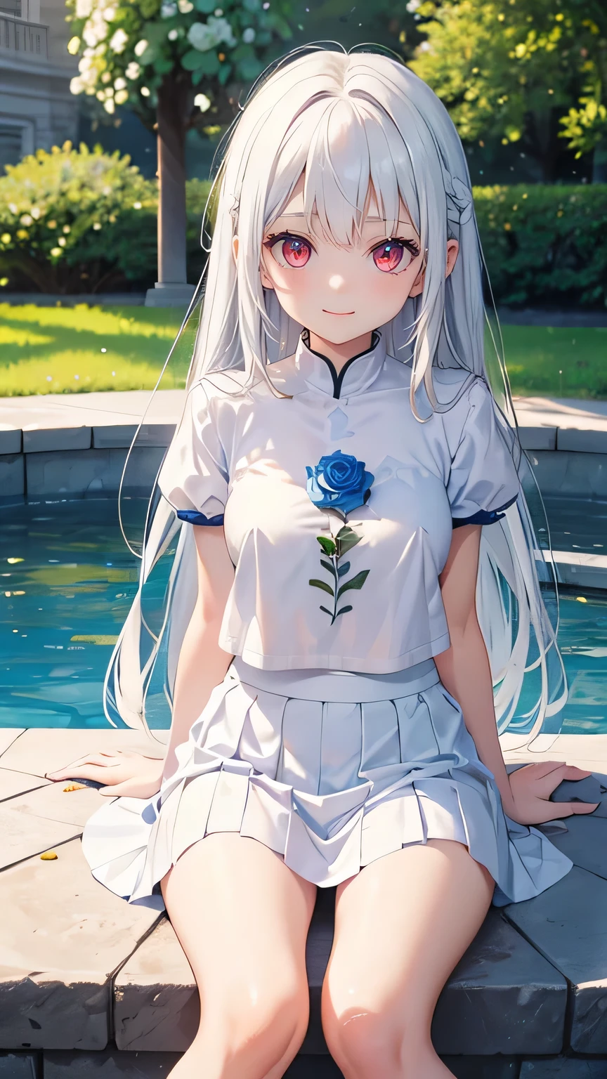 Very cute girl、(11 years old)、white hair、Long Straight Hair、Bangs are too close to the eye、Light red eyes、(Normal human ear)、Thin arms、Beautiful body、Slim legs、Shapely breasts、Transparent white skin、smile、(T-Shirtini skirt、White and blue)、I know the shape of the nipples、(rose garden)、Ultra HD、Digital SLR，Sit on、