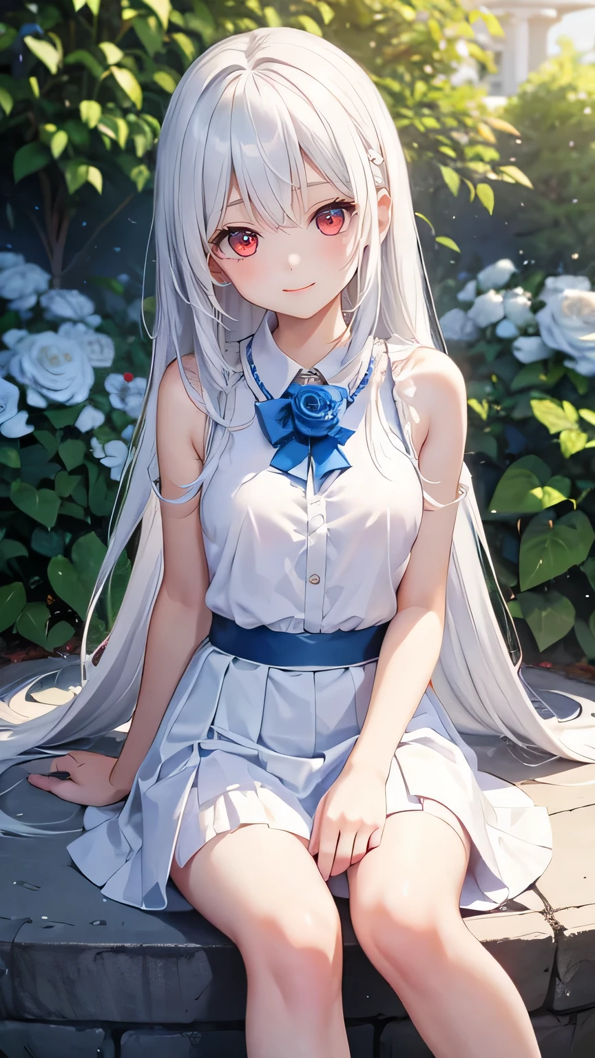 best quality,1girl,((big breasts:1.3)),((((,10 yttle girl:1.5)rgasm,blush,red eyes,((silver hair,long hair,twintail:1.3)),hair ribbon,red ribbon,((white tank top,red skirt,mini skirt,lift skirt,upskirt,white panties,black thighhighs:1.1)),((walking1.3)),see through,garden