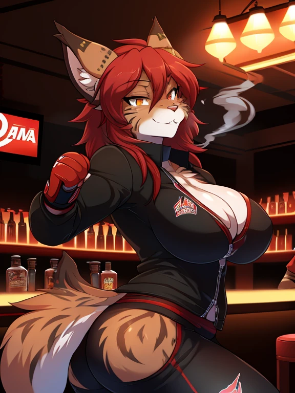 Anthropomorphic furry lynx girl, poison, Red hair, wearing a jacket with a smoke pattern on it, in black pants, hands in bandages, (((MMA fighter))), burn on left eye, big breasts, big ass working in a bar as a bartender in anime style,