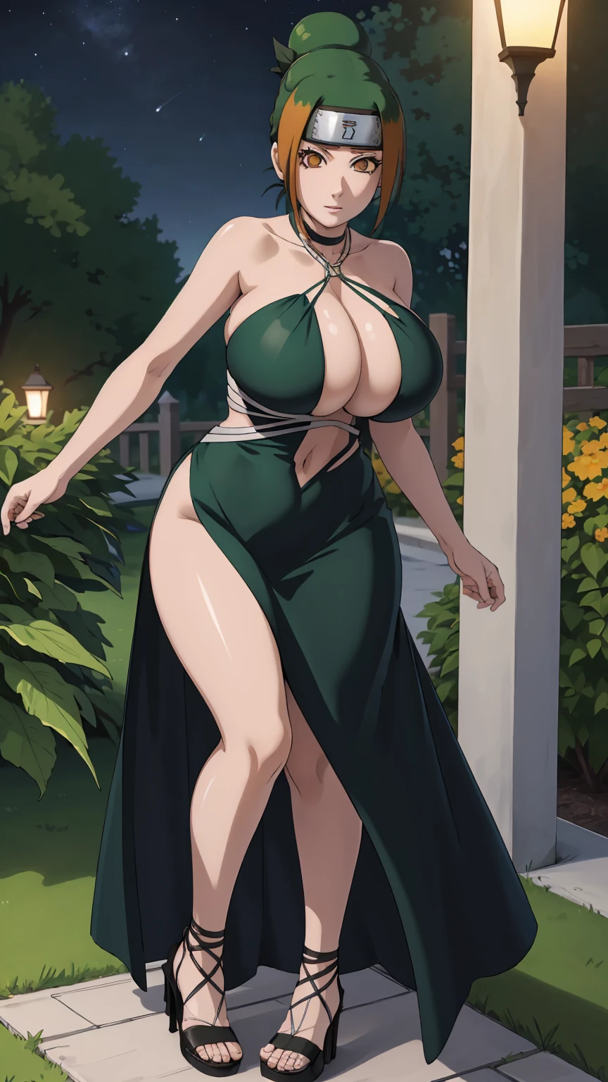 masterpiece, ultra high-quality, extremely detail 8k cg, high resolution, 1girl, pakura, green hair, orange eyes, thin body, huge breasts, bursting breasts, evening gown, halterneck, criss-cross halter, high heels, choker, beautiful face, outdoors, garden, night time, full shot photo, full body