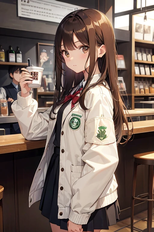 highest quality, High resolution,thin、Small face、Brown eyes、expensive、brown hair、Long Hair、In town、uniform、high school girl、Mature、Starbucks in one hand、turn around