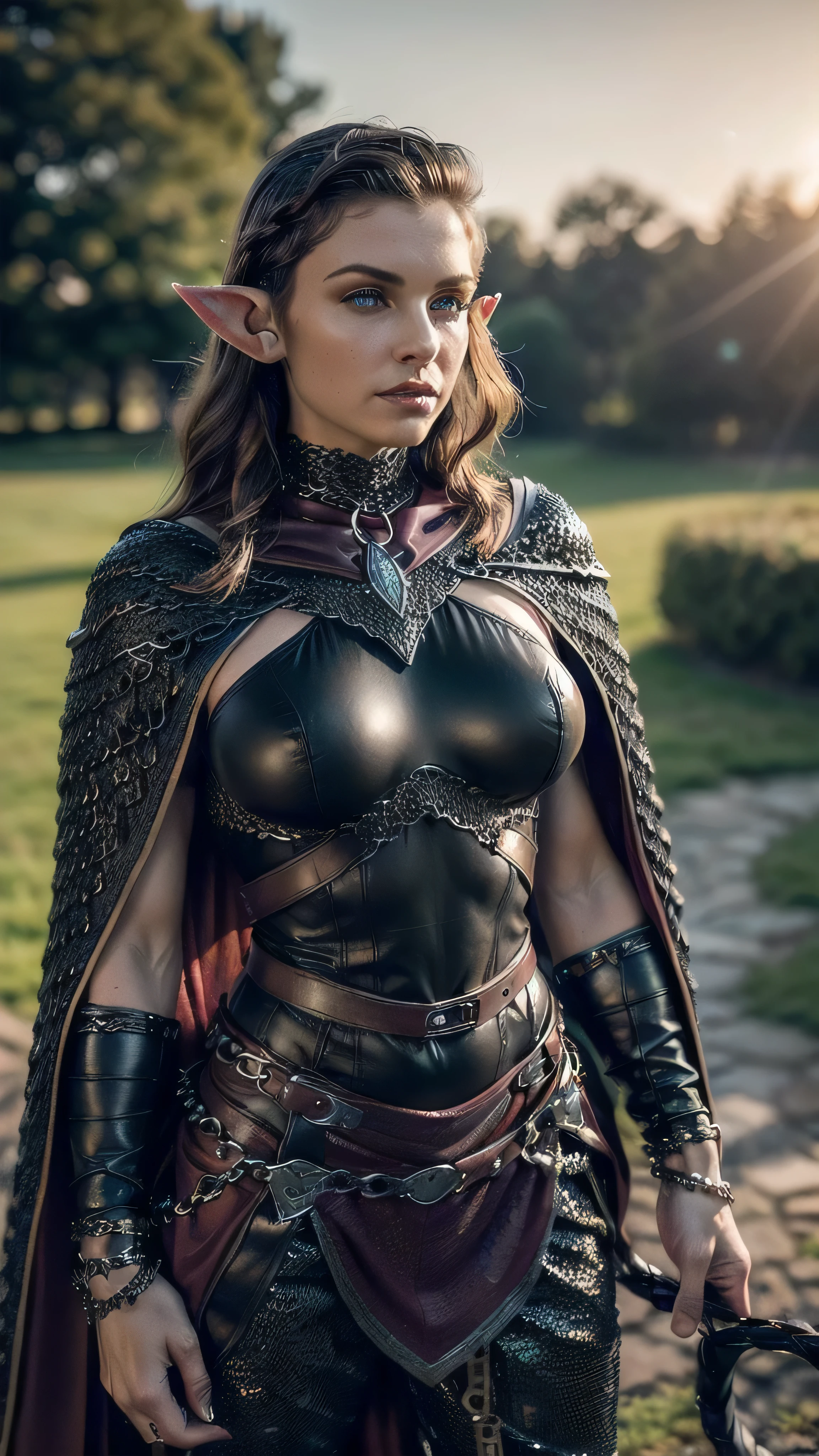 (masterpiece), (extremely intricate:1.3), (realistic), portrait of a muscular bodybuilder girl, (((medieval armor:1.6 ((matte black perfectchainmail, elf, elven), maroon cape, metal pants, portrait, (bullwhip)), wind blown blowing [green hair:dark hair:0.6])), tattoo:1.0), metal reflections, upper body, outdoors, intense sunlight, far away waterfall, professional photograph of a stunning woman detailed, ((short undercut shaved hair, dynamic pose)), sharp focus, dramatic, award winning, cinematic lighting, volumetrics dtx, (film grain, blurry background, blurry foreground, bokeh, depth of field, sunset, interaction), 8K