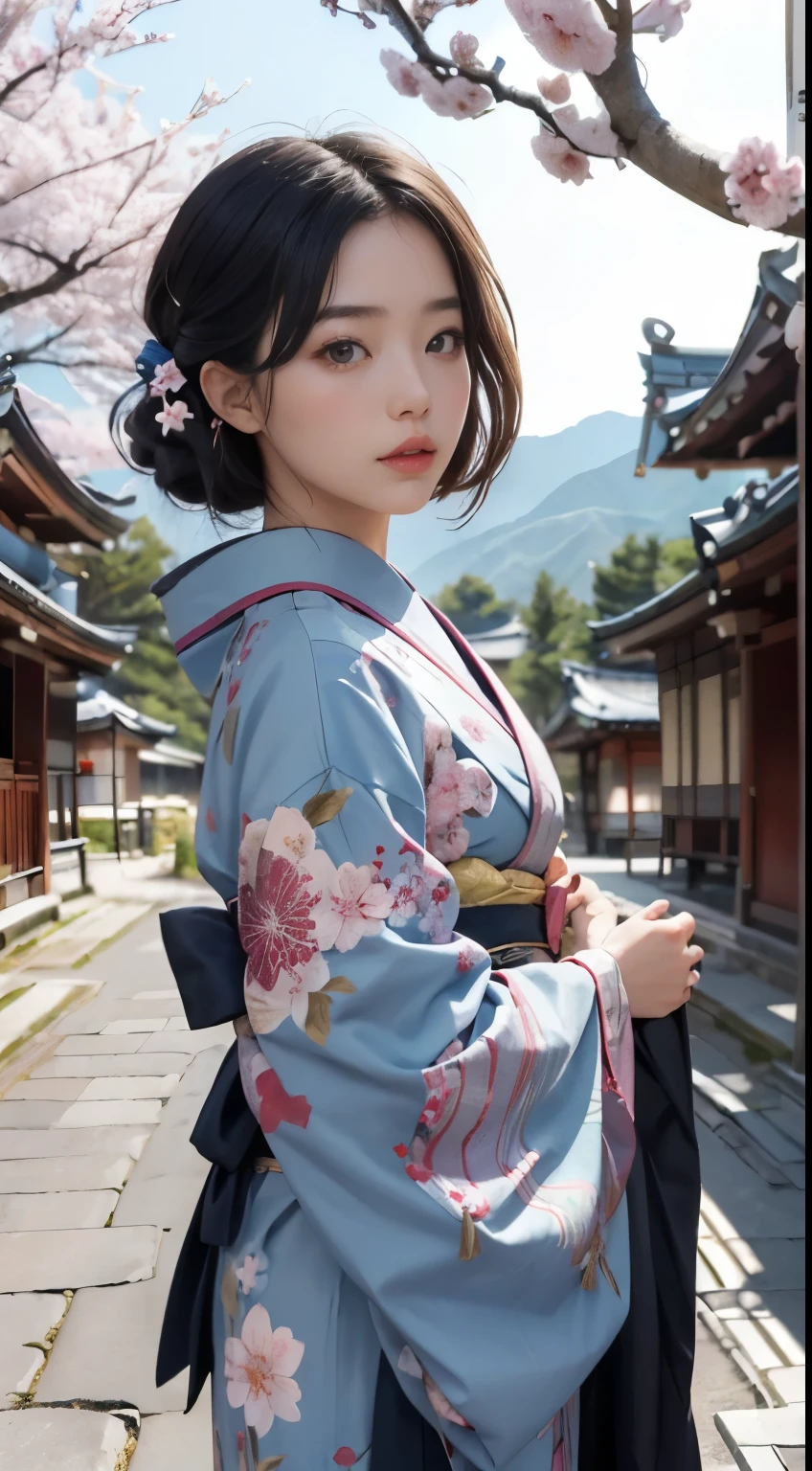 ((highest quality、8k、masterpiece:1.3))、bow、welcome、seiza、Japanese、、Perfect body beauty:1.4、kimono:1.5、((Delicate Hair))、Japan at 28、double eyelid、、 Laughter, Black Hair, Bans, Beautiful fine details,The background is the ancient capital、Kyoto、shrine、青いkimono、Cherry blossoms are scattered