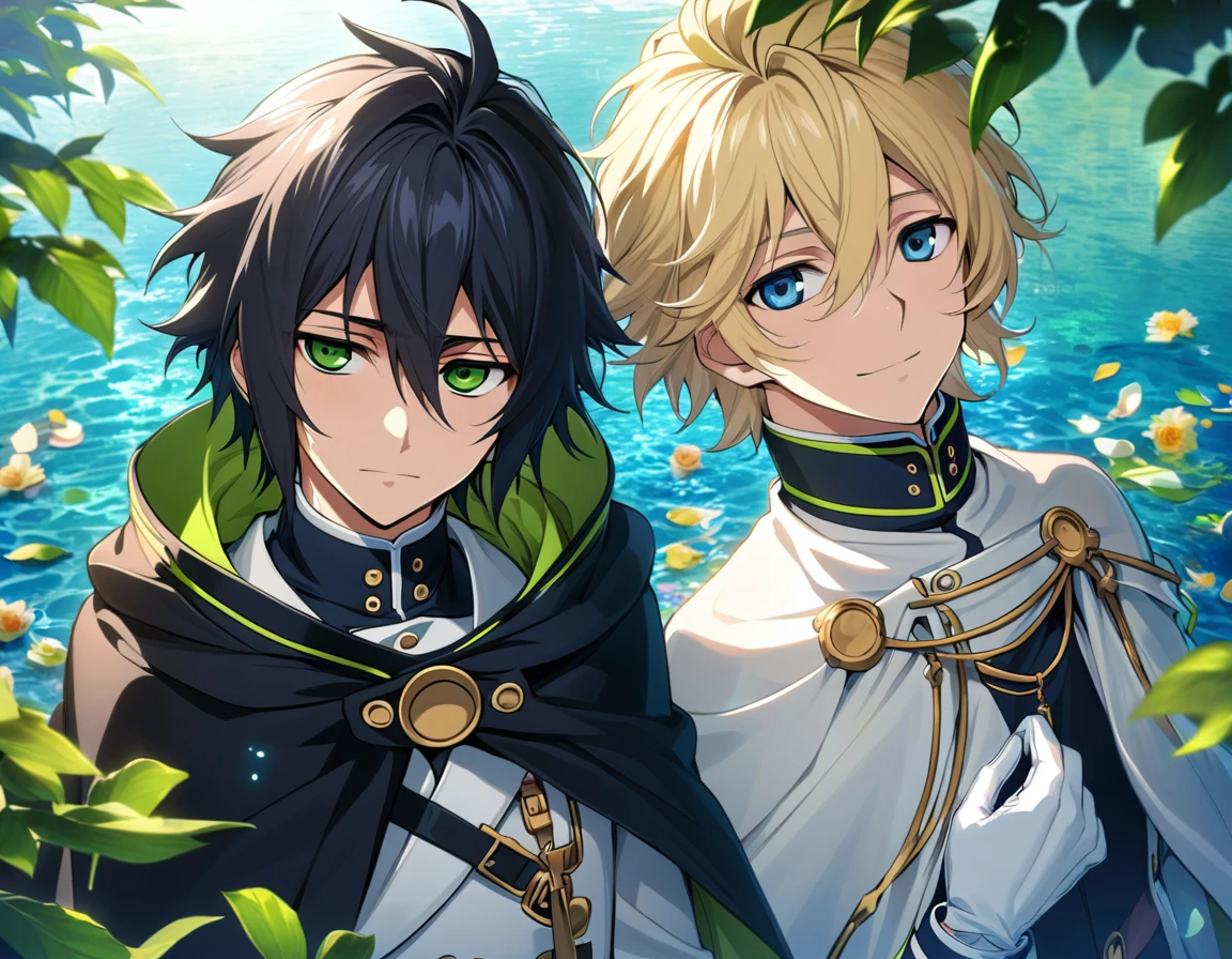 Ultra detailed, highres, absurdres, HDR, Mika Hyakuya, blue eyes, wavy blond hair, Yuu Hyakuya, black hair, green eyes, Owari No Seraph, flowers, petals, green leaves, water, two man together, gay couple, handsome, cape, white gloves, white clothes, very detailed face and eyes,