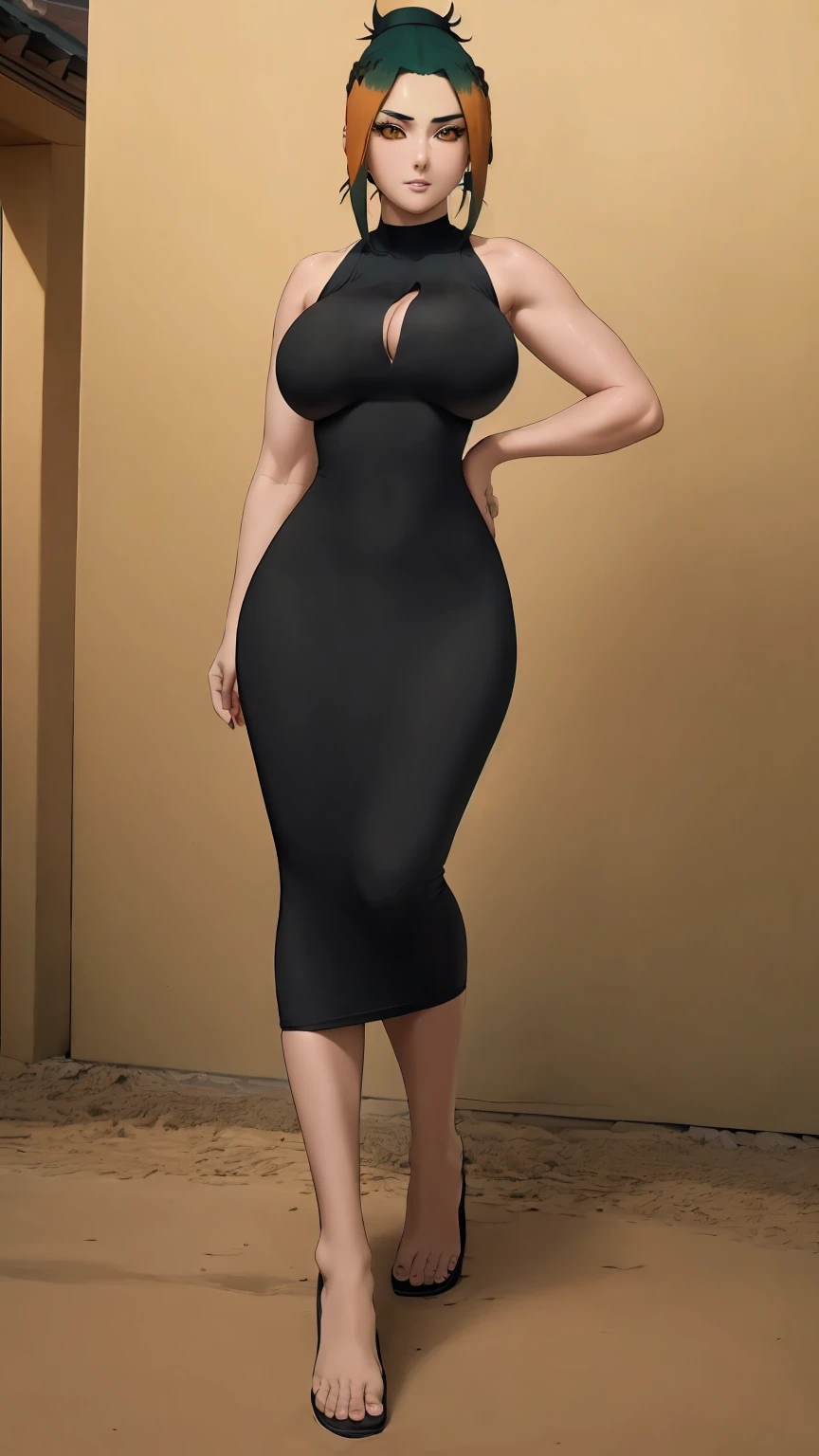 masterpiece, best quality, extremely detail 8k cg, high resolution, 1girl, pakura, green hair, orange eyes, perfect eyes, slim body, huge breasts, bursting breasts, black tee shirt dress, sleeveless, cleavage, outdoors, garden, beautiful face, full shot photo, full body