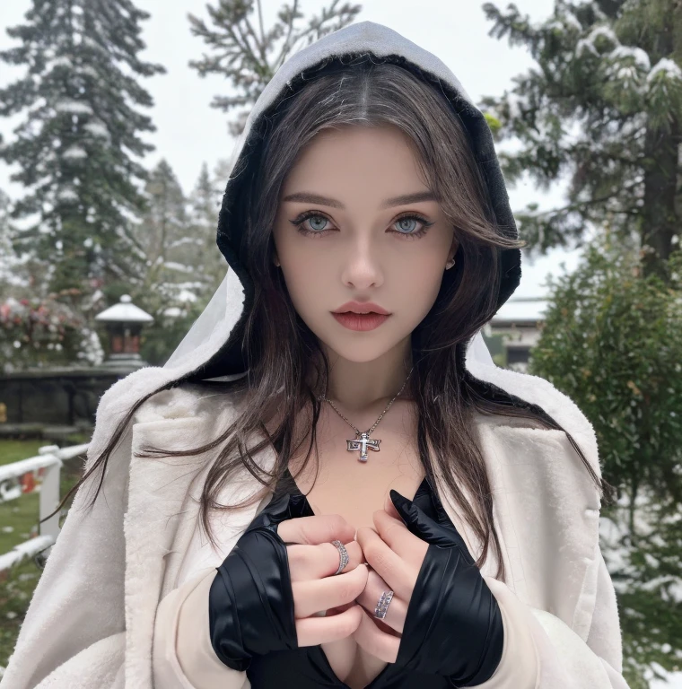 1 miniature Beautiful beautiful woman - Yuan Sayuki, ((top quality, 8K, Masterpiece:1.retty woman, 1 woman, huge breasts:1.3, a slim body:1.1, lush white short hair, (shower, wet body, wet clothes:1.1), very detailed face, detailed lips, detailed eyes, double eyelids, Detailed blue eyes, чрезвычайно Detailed Outstanding Blue Eyes, short white wet hair, white wet hair, Detailed Outstanding Blue Eyes, innocent look at the viewer, very wet wavy white hair, Detailed Outstanding Blue Eyes, huge cross earrings, Outdoors, badges behind, gothic wedding uniform, sexy gothic style wedding dress with veil, bare chest, huge chest tattoo wearing a wreath, detailed huge catholic cross earrings, chest tattoo, Outside - there are trees and a buddhist temple in the background (mountain vicinity), wear a silver cross (Detailed cross shape), reality mode, wet breasts, black necklace, black wedding dress and black veil, human crowd behind, head/forehead chain veil, black latex gloves, naked breasts, naked breasts, naked nipples, hair of white snowy colour, night time, red neon lights, demonic nun, nimbus (golden lighting ring above her head), angel, snowy weather, Detailed buddhist temple behind, midnight time,