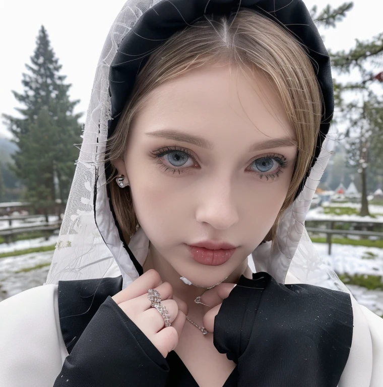 1 miniature Beautiful beautiful woman - Kate Kuray, ((top quality, 8K, Masterpiece:1.retty woman, 1 woman, huge breasts:1.3, a slim body:1.1, lush white short hair, (shower, wet body, wet clothes:1.1), very detailed face, detailed lips, detailed eyes, double eyelids, Detailed blue eyes, чрезвычайно Detailed Outstanding Blue Eyes, short white wet hair, white wet hair, Detailed Outstanding Blue Eyes, innocent look at the viewer, ,very wet wavy white hair, Detailed Outstanding Blue Eyes, huge cross earrings, Outdoors, badges behind, gothic wedding uniform, sexy gothic style wedding dress with veil, bare chest, huge chest tattoo wearing a wreath, detailed huge catholic cross earrings, chest tattoo, Outside - there are trees and a buddhist temple in the background (mountain vicinity), wear a silver cross (Detailed cross shape), reality mode, wet breasts, black necklace, black wedding dress and black veil, human crowd behind, head/forehead chain veil, black latex gloves, naked breasts, naked breasts, naked nipples, hair of white snowy colour, night time, red neon lights, demonic nun, nimbus (golden lighting ring above her head), angel, snowy weather, detailed and flawless buddhist temple behind, detailed and oustanding 15 cm dick/penis/cock, accurately depicted blowjob, flawless illustation of blowjob