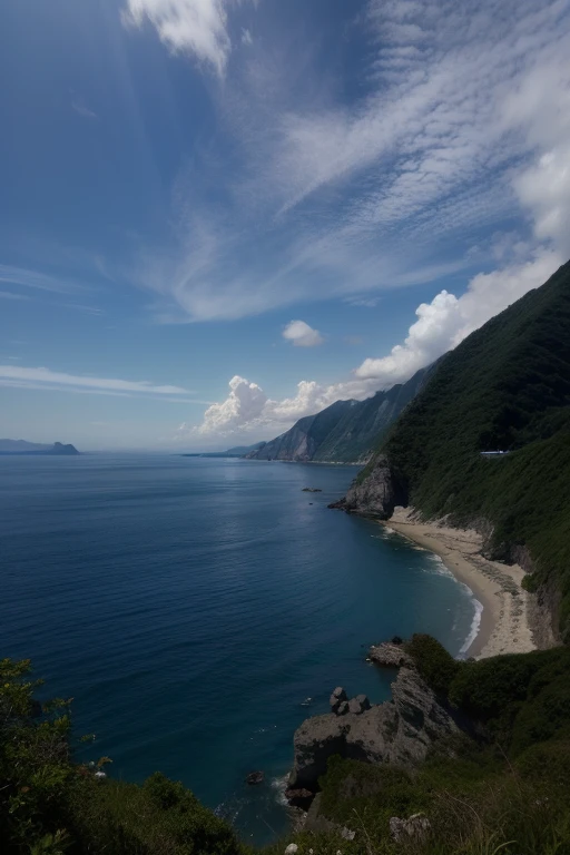 From the hill you can see the beach and mountains, mountains and ocean, Taiwan, beach is between the two valleys, Sea view, coastline, Dramatic Landscape, Sea view悬崖, Inspired by Masamitsu Ōta, ocean in background, Stunning scenery, A photo of the ocean, mountains and oceans, cliff edge