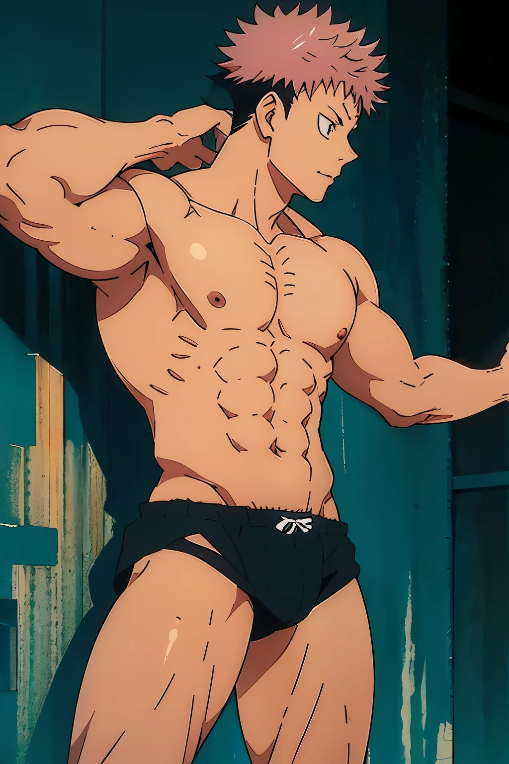 Yuji Itadori from Jujutsu Kaisen, wearing black swimsuit, open his arms, slightly muscular, defined body, shirtless, abs, big legs