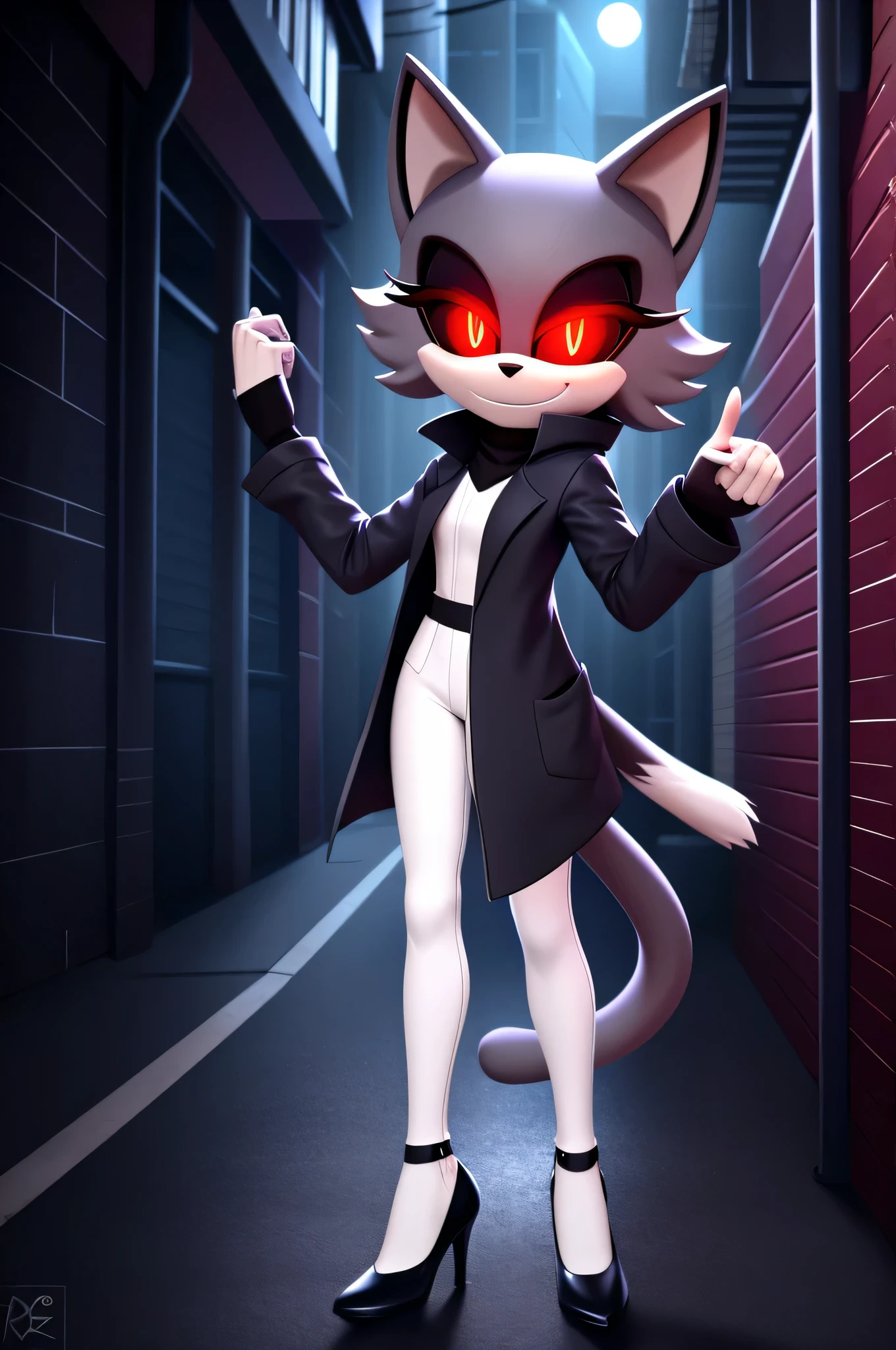 (((masterpiece))), High quality, studio quality, dark colors, 4k, solo character, mobian, tall skinny character, wispy grey fur, female cat demon, wearing a dark grey coat with coattails, white leggings, black high heels, evil smile, triumphant pose, victorious pose, red glowing eyes, smoky atmosphere, in the back of a dark city alleyway, nighttime, digital art