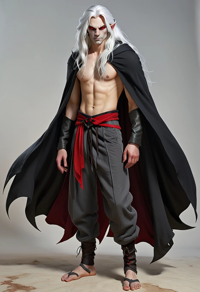Man Medieval demon, long white hair, red eyes, gray skin, black baggy pants, no shirt, black hooded cape Full body barefoot