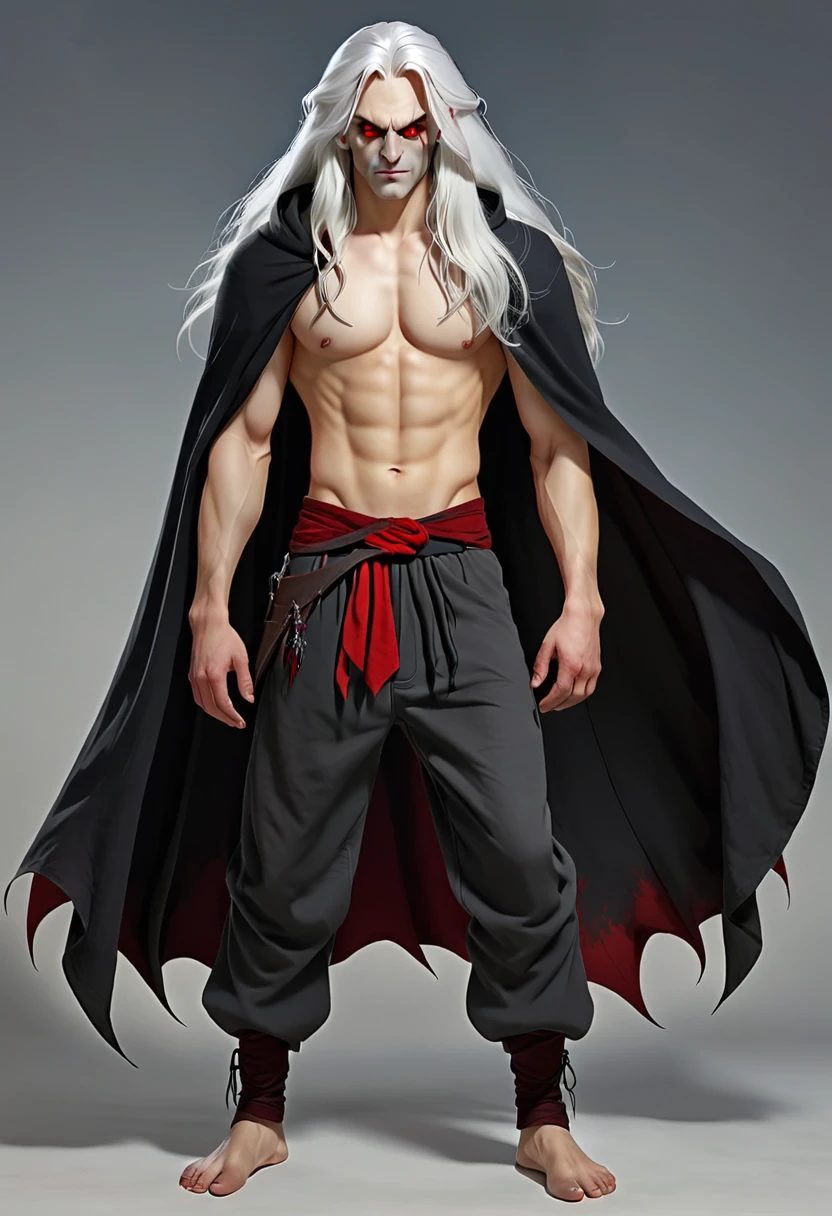 Man Medieval demon, long white hair, red eyes, gray skin, black baggy pants, no shirt, black hooded cape Full body barefoot