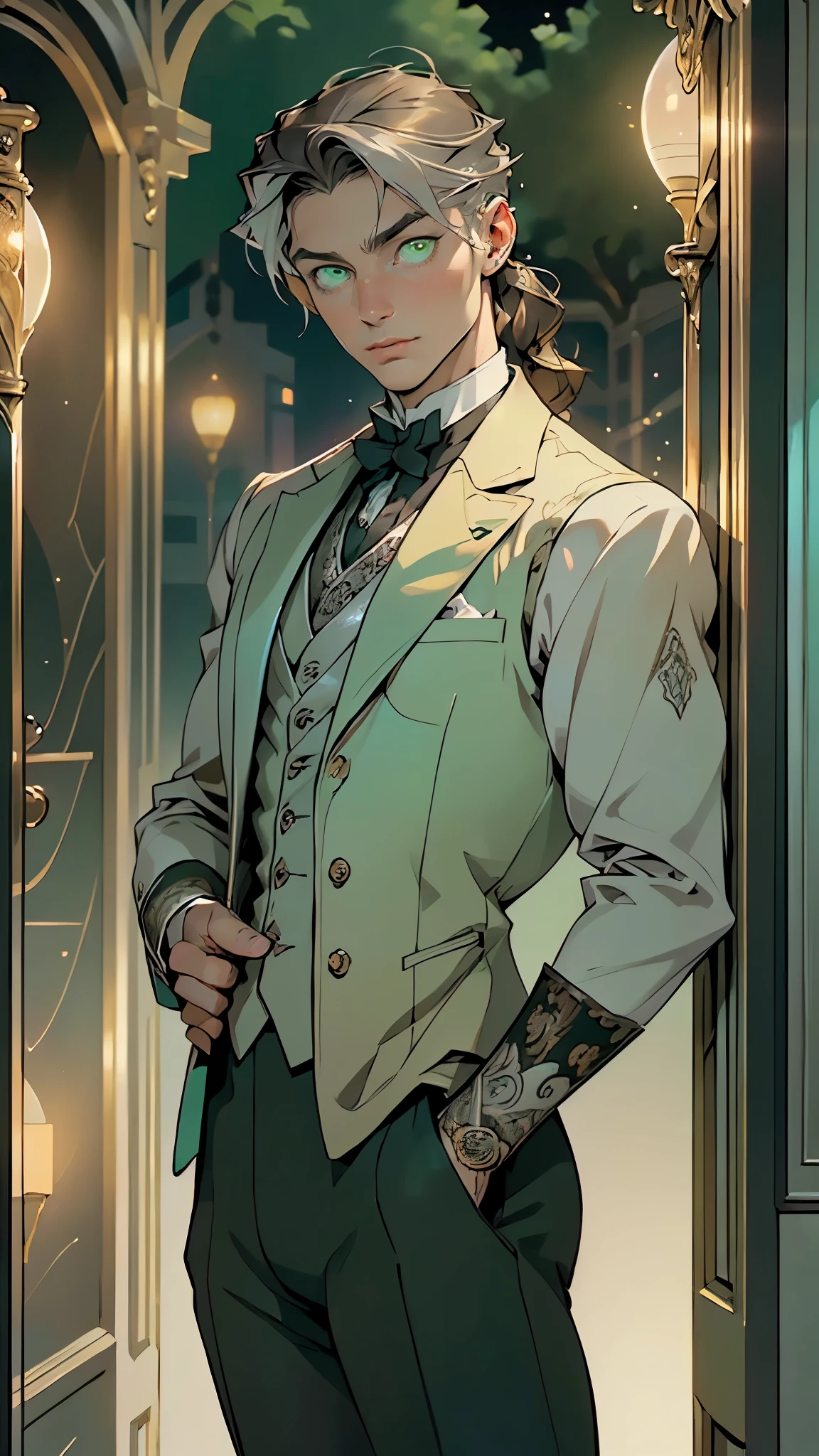 (((Dorian Gray))),(pectoral,man chest), (25 year old man),young,(long blonde hair),((1male,1 male,1man,man,male gender:1.5,male focus)),(((green_eyes:1.3))),intricate eyes,beautiful detailed eyes,symmetrical eyes,((detailed face)), (Pale skin),(solo),athletic body,Gothic aesthetic, Nightmarish appearance, Haunted atmosphere, on the face is a stunning and handsome 25-year-old,slim and masculine man,handsome gentleman
Intense gaze,mysterious aura,Suspicion of danger
(((dressed in a Regency men's suit, harmonious and detailed, an illusionist with dark hair and vintage vest. haute couture, black suit,))),((bulge in pants)),((intricate outfit,intricate clothes, Victorian era style clothes)),
(dynamic pose:1.0),mocking,(centered,scale to fit dimensions,Rule of thirds),
((((surrounded by tiny orbs of bright silver light that float and spin around him)))),
indoor,((Victorian style dark palace at night)),scenery:1.25,intricate scenery,extremely scenery,((Victorian style dark palace in the background)),
(Glossy Victorian era ornaments),highres,sharp focus,(ultra detailed,extremely detailed),(photorealistic artwork:1.37),(extremely detailed CG unity 8k wallpaper),(((vibrant colors,vibrant theme))),(intricate),(masterpiece),(best quality),artistic photography,(photography taken by sldr),(intricate background),perfect rendered face,perfect face details,realistic face,photo realistic,((intricate detail)),(((realism))),