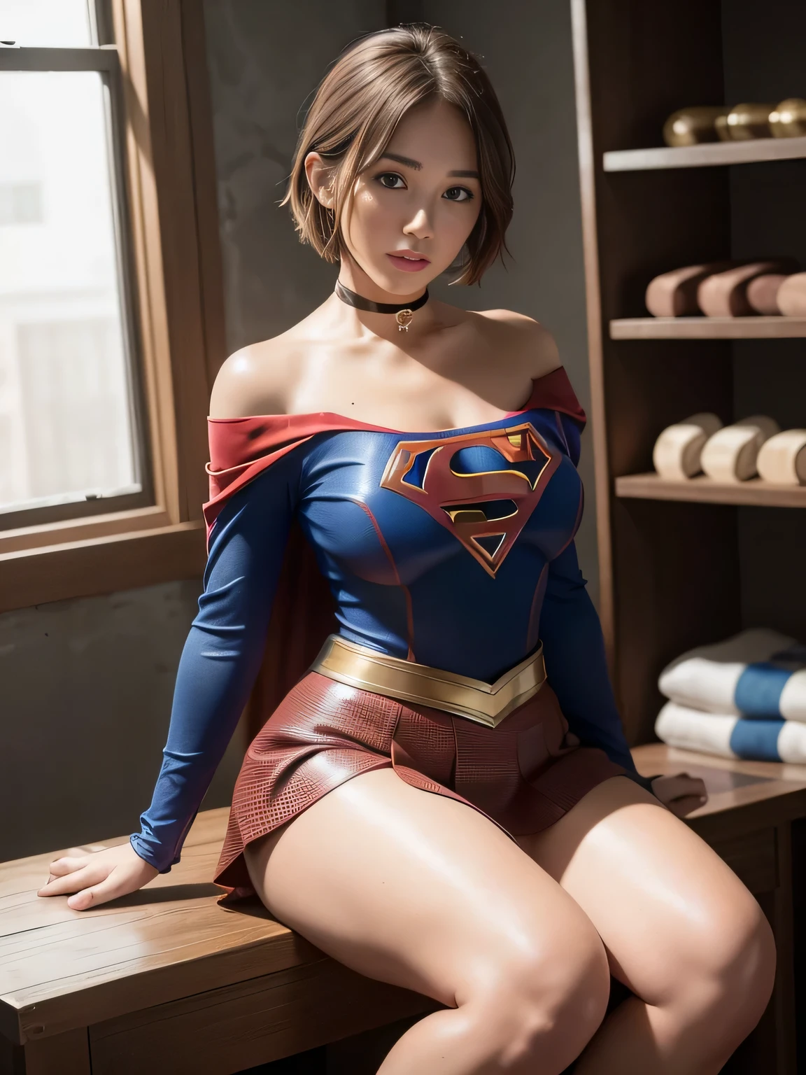 masterpiece、Supergirl Costume、short hair、barefoot、Big and ample breasts、underground laboratory、operating table、Crossing legs、Oily Skin、Shiny、Look at the camera、Sexy poses to seduce、Model Body Type、choker、Long sleeve、Red mini skirt、Cowgirl、Estrus、Sweaty、Radical、Off the shoulder、Alluring、charm、Fascinating、