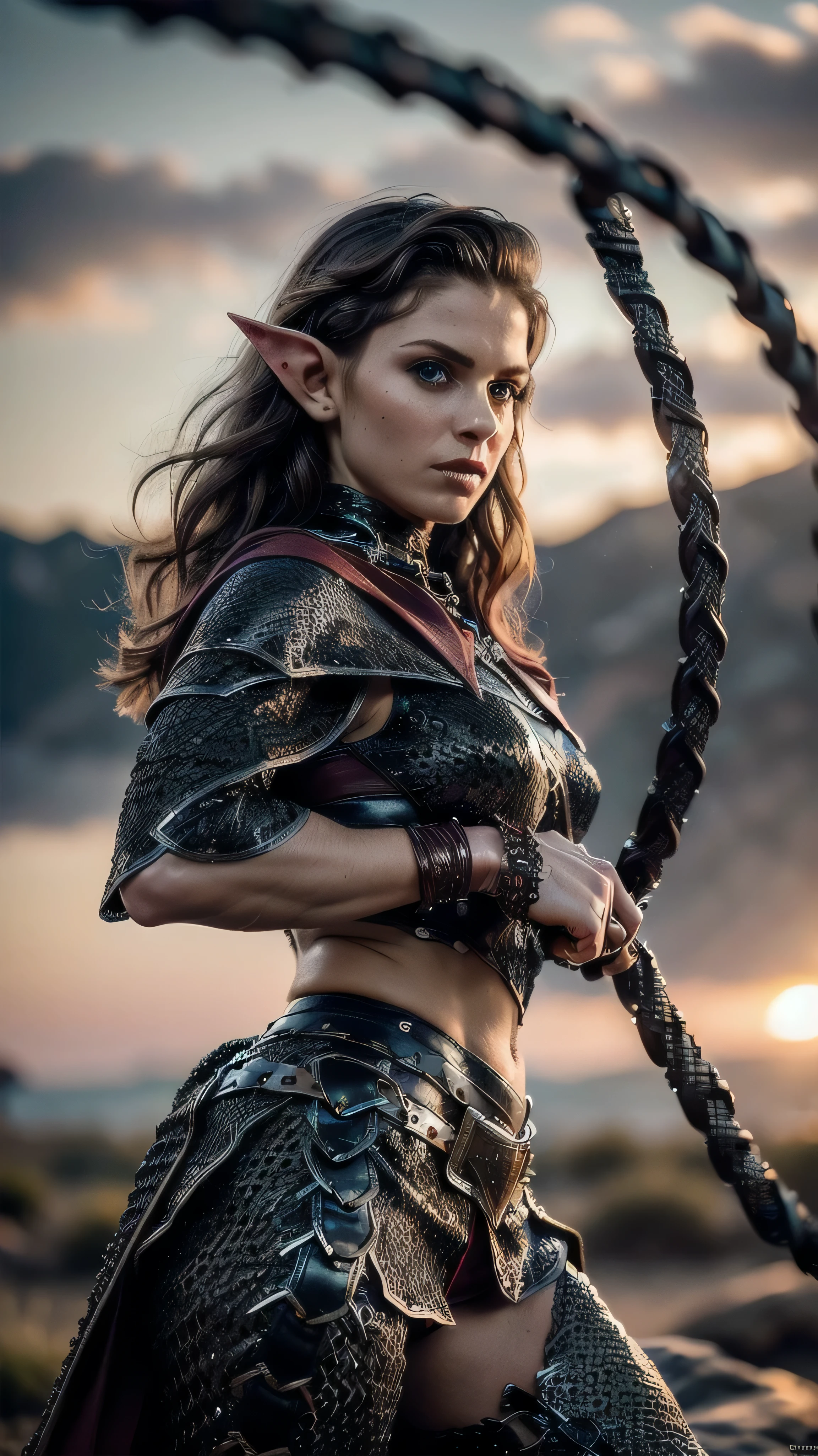 (masterpiece), (extremely intricate:1.3), (realistic), portrait of a muscular bodybuilder girl, (((medieval armor:1.6 ((matte black perfectchainmail, elf, elven), maroon cape, metal pants, portrait, (bullwhip)), wind blown blowing [green hair:dark hair:0.6])), tattoo:1.0), metal reflections, upper body, outdoors, intense sunlight, far away waterfall, professional photograph of a stunning woman detailed, ((short undercut shaved hair, dynamic pose)), sharp focus, dramatic, award winning, cinematic lighting, volumetrics dtx, (film grain, blurry background, blurry foreground, bokeh, depth of field, sunset, interaction), 8K