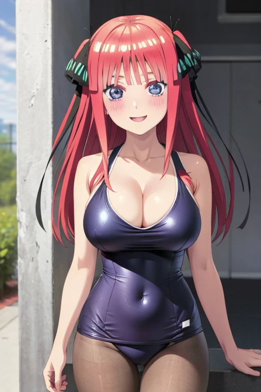 best quality, ultra-detailed masterpiece, anime art style, cute characters, nino nakano, one-piece swimsuit, large breasts, pantyhose, blush, smile