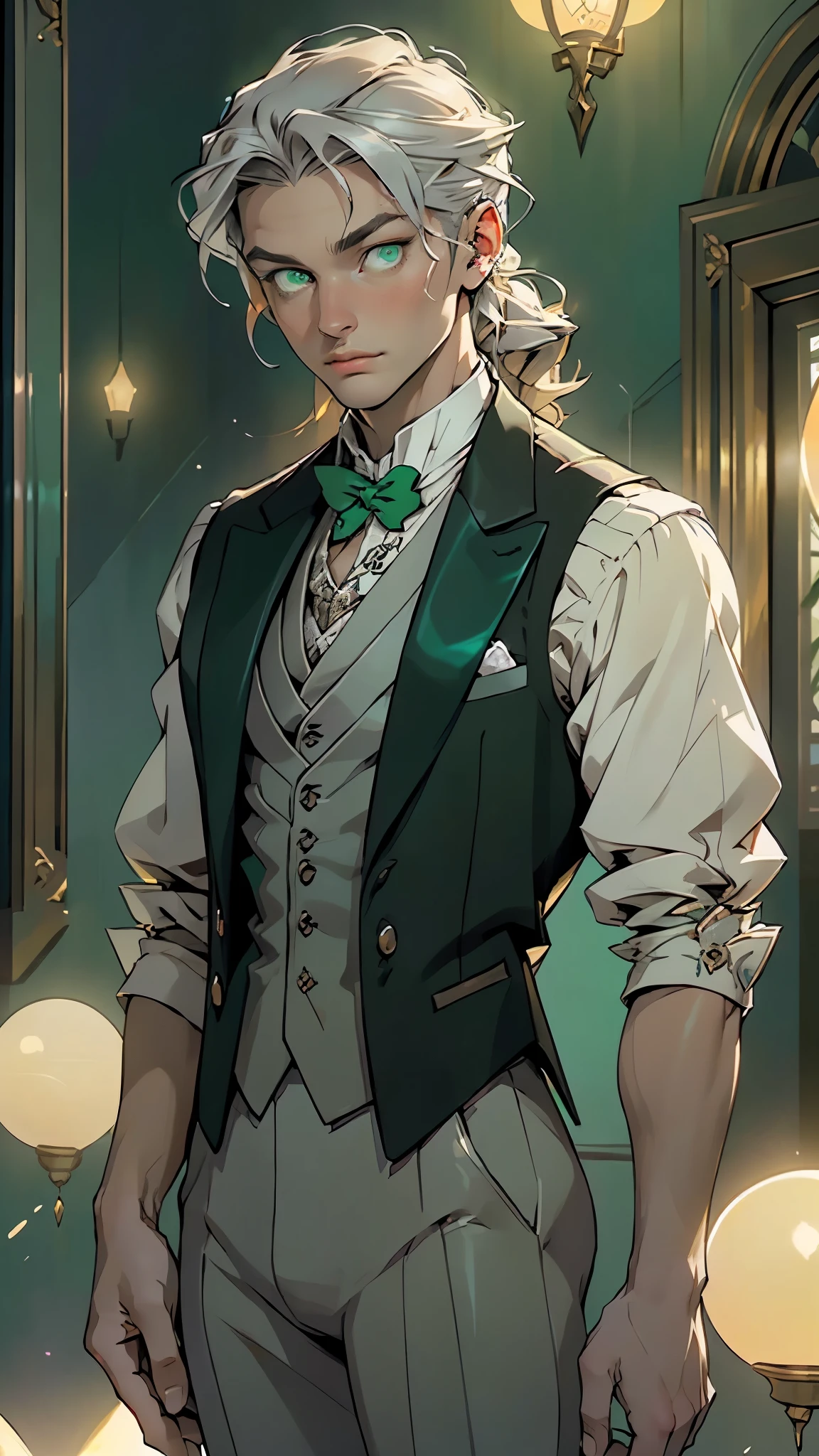 (((Dorian Gray))),(pectoral,man chest), (25 year old man),young,(long blonde hair),((1male,1 male,1man,man,male gender:1.5,male focus)),(((green_eyes:1.3))),intricate eyes,beautiful detailed eyes,symmetrical eyes,((detailed face)), (Pale skin),(solo),athletic body,Gothic aesthetic, Nightmarish appearance, Haunted atmosphere, on the face is a stunning and handsome 25-year-old,slim and masculine man,handsome gentleman
Intense gaze,mysterious aura,Suspicion of danger
(((dressed in a Regency men's suit, harmonious and detailed, an illusionist with dark hair and vintage vest. haute couture, black suit,))),((bulge in pants)),((intricate outfit,intricate clothes, Victorian era style clothes)),
(dynamic pose:1.0),mocking,(centered,scale to fit dimensions,Rule of thirds),
((((surrounded by tiny orbs of bright silver light that float and spin around him)))),
indoor,((Victorian style dark palace at night)),scenery:1.25,intricate scenery,extremely scenery,((Victorian style dark palace in the background)),
(Glossy Victorian era ornaments),highres,sharp focus,(ultra detailed,extremely detailed),(photorealistic artwork:1.37),(extremely detailed CG unity 8k wallpaper),(((vibrant colors,vibrant theme))),(intricate),(masterpiece),(best quality),artistic photography,(photography taken by sldr),(intricate background),perfect rendered face,perfect face details,realistic face,photo realistic,((intricate detail)),(((realism))),
