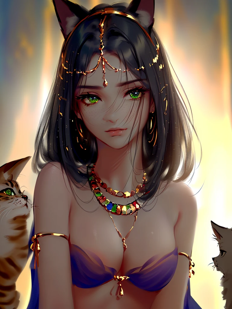 very good illustration, High detail, dynamic angle, beautiful detailing,2D, (Best quality, masterpiece, Beauty, tenderness), Anime, Highly detailed face, very detailed eyes, very detailed background, Ideal lighting, Whole body, 1 girl, One, (Very detailed cat ears), (Very detailed ears behind the hair)? Goddess Bastet, Ancient Egypt \(Очень подробный Ancient Egyptian\), Very detailed clothes, green eyes, Finely detailed eyes, ears covered with hair, (Very detailed background)