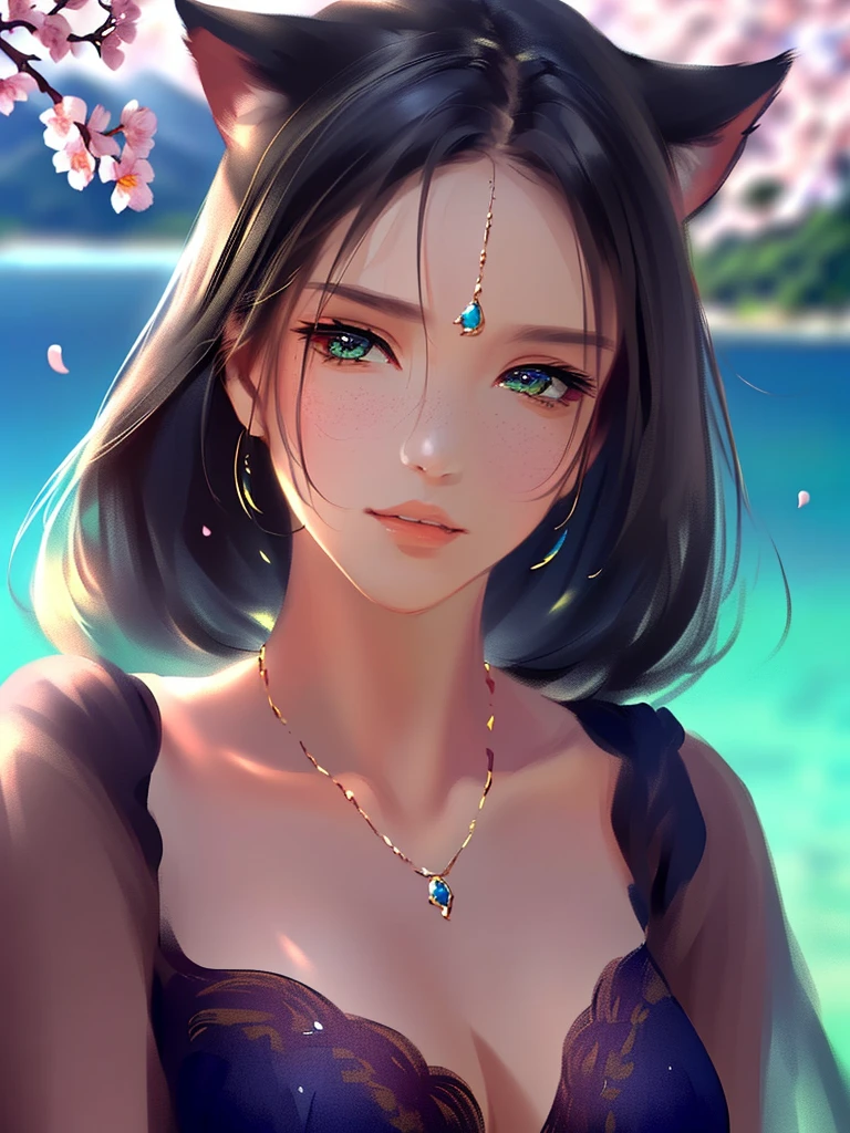 anime style, super fine illustration, highly detailed, dynamic angle, beautiful detailed, 8k, A girl is impressed by the cherry blossoms in Fuji-Hakone Izu National Park and the blue sky by the lakeside with Mt. Cherry blossom petals are dancing in the wind, the surface of the lake is calm, and the girl's expression is sincerely moved by the beauty of nature. very good illustration, High detail, dynamic angle, beautiful detailing,2D, (Best quality, masterpiece, Beauty, tenderness), Anime, Highly detailed face, very detailed eyes, very detailed background, Ideal lighting, Whole body, 1 girl, One, (Very detailed cat ears), (Very detailed ears behind the hair), Finely detailed eyes, ears covered with hair,