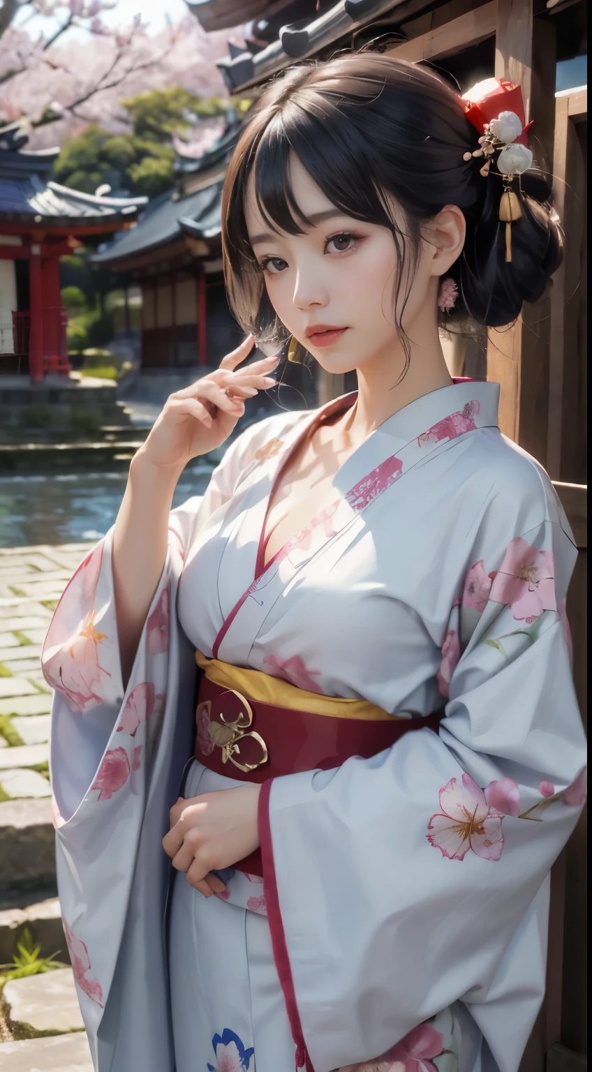 ((highest quality、8k、masterpiece:1.3))、bow、welcome、seiza、Japanese、、Perfect body beauty:1.4、kimono:1.5、((Delicate Hair))、Japan at 28、double eyelid、Baby Face、 Laughter, Silver Hair, Bans, Beautiful fine details,The background is the ancient capital、Kyoto、shrine、赤いkimono、Cherry blossoms are scattered、Oiran dressing、kimonoがはだけている、A little cleavage is visible