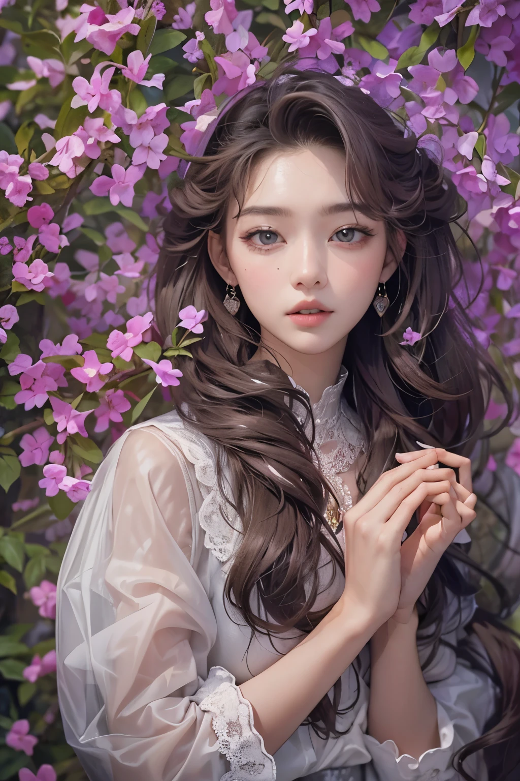 masterpiece, best quality, 8 thousand, 24 years old, photo beast, absurd, award winning portrait photography, pure, korean beauty, spring, stage with electronic display, laces, cute, right, healthy, popular, perfect hands, fluttering hair, Random behavior, random clothes,