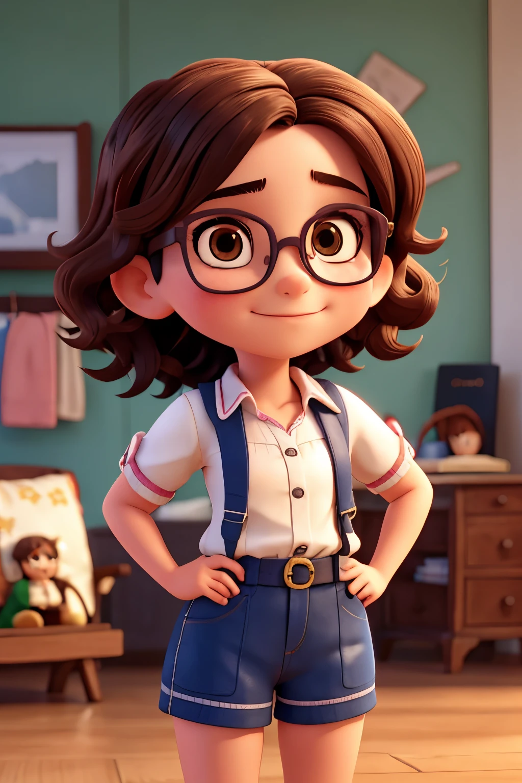 Beautiful character girl with short wavy hair and glasses, mascota publicitaria de C