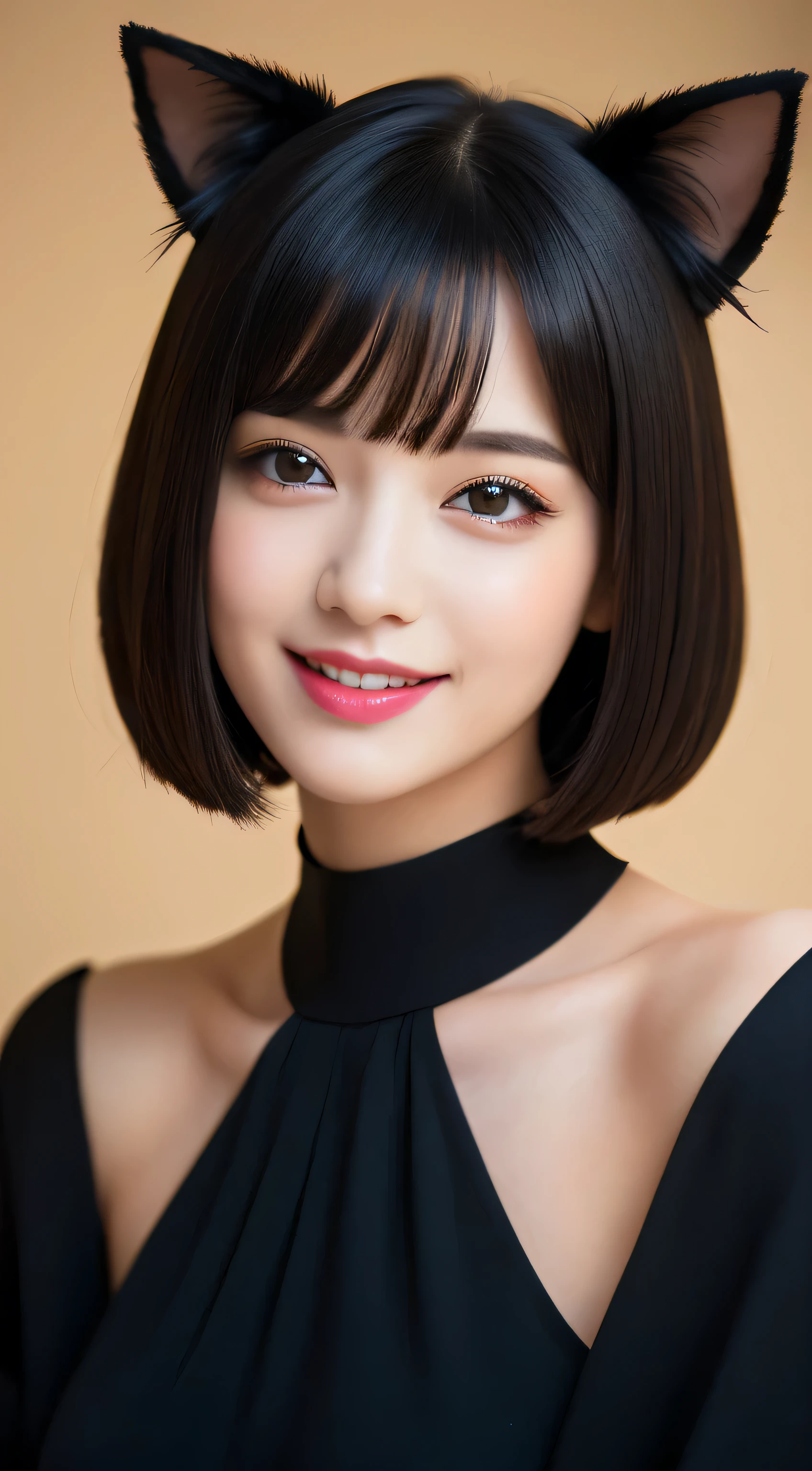 (highest quality, masterpiece, High resolution), (Reality),Cinematic light、Soft Light、Adult female, Black Hair,Bobcut, Black cat costume,  hair ornaments, choker, Cat ears、 Captivating smile,