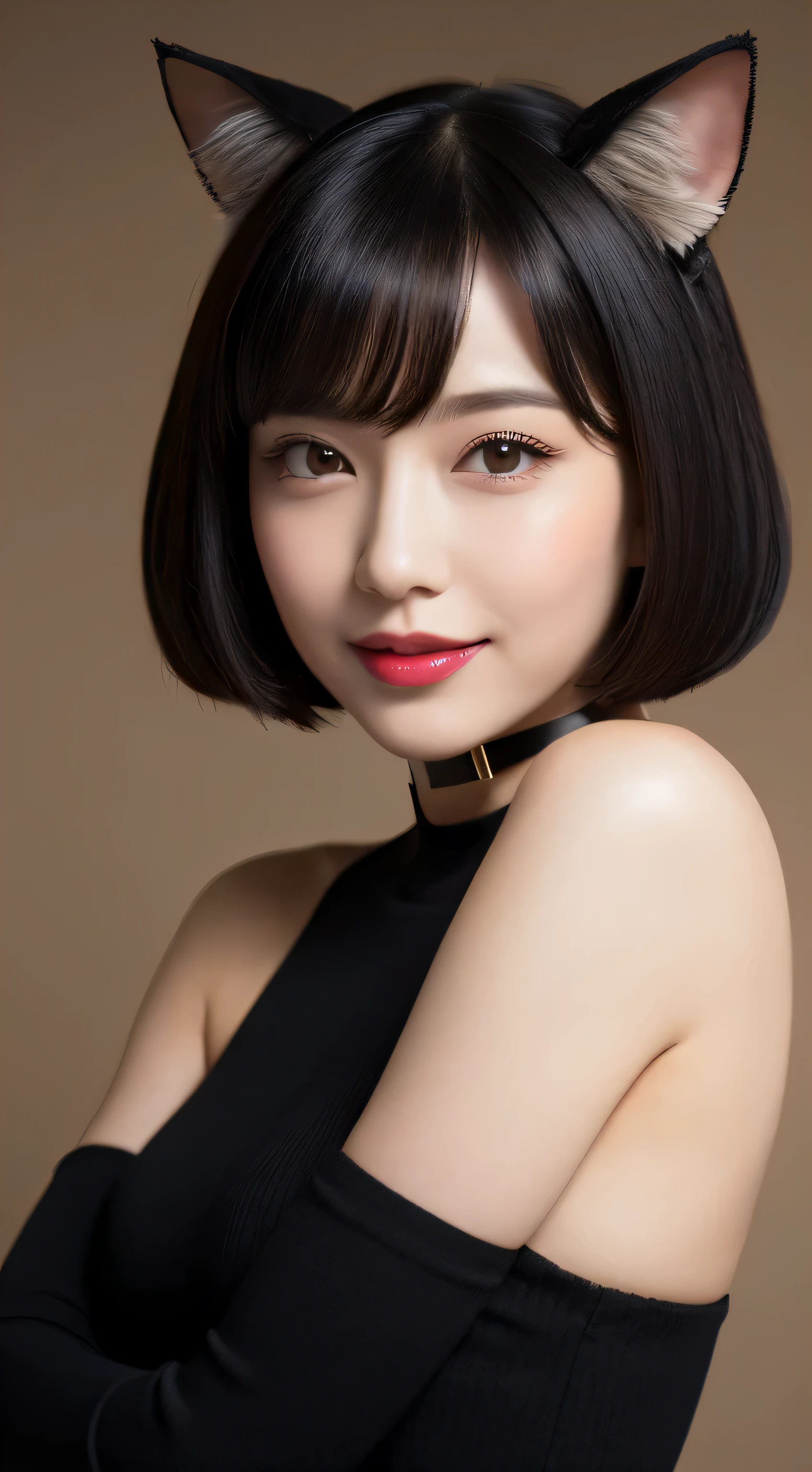 (highest quality, masterpiece, High resolution), (Reality),Cinematic light、Soft Light、Adult female, Black Hair,Bobcut, Black cat costume, hair ornaments, choker, Cat ears、 Captivating smile,