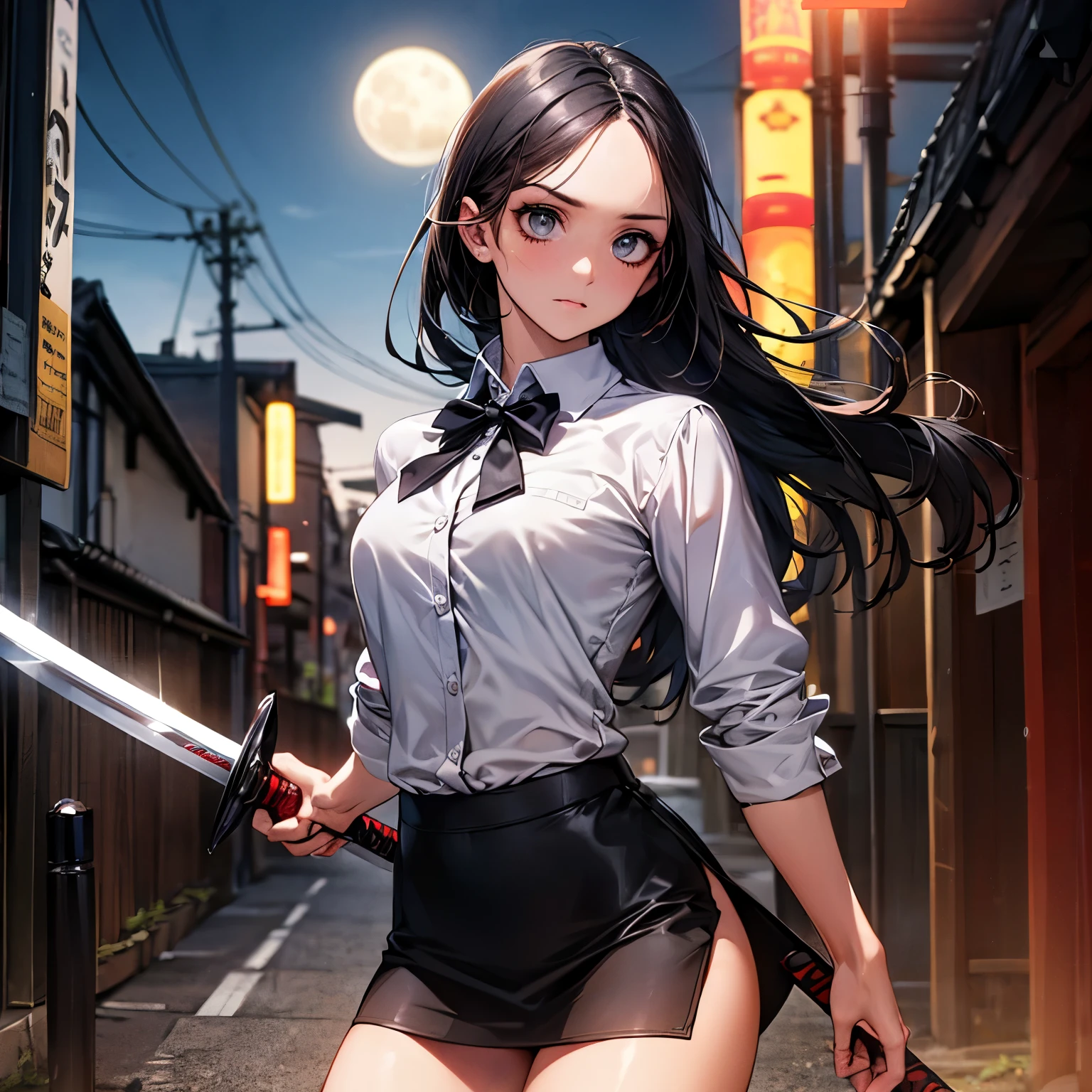 ((monsters looming:1.7、Woman fighting zombies))、((perfect anatomy,realist:1.3,raw photography:1.3,Masterpiece、of the highest quality、Ultra - high resolution、high resolution、Very detailed CG、8k)),cowboy shot,1 female,Alone,18 years、High school girl swordsman、18 yearsの美少女,Japanese,(((Beautiful face and detailed eyes:1.3,big and beautiful eyes:1.5,grey eyes,shy))),black fur, wide,(center parted hair,forehead),(big breasts, Skinny body,small head:1.3,Skinny),((Oily skin)),(glowing skin,shiny skin),(shiny black leggings、(white long sleeve collared shirt:1.4)、dynamic pose,Cut zombies with a sword、Fighting with Japanese swords、Accurately depicted Japanese sword、callejon、At night、Moonlight、SUCH、