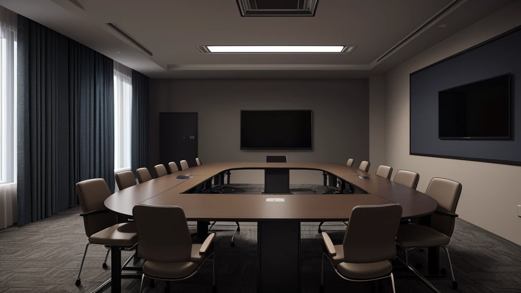 (a dimly lit,empty conference room),(professional:1.2,highres:1.1,realistic),conference room interior,dark and muted colors,modern design,focus on the pedestal