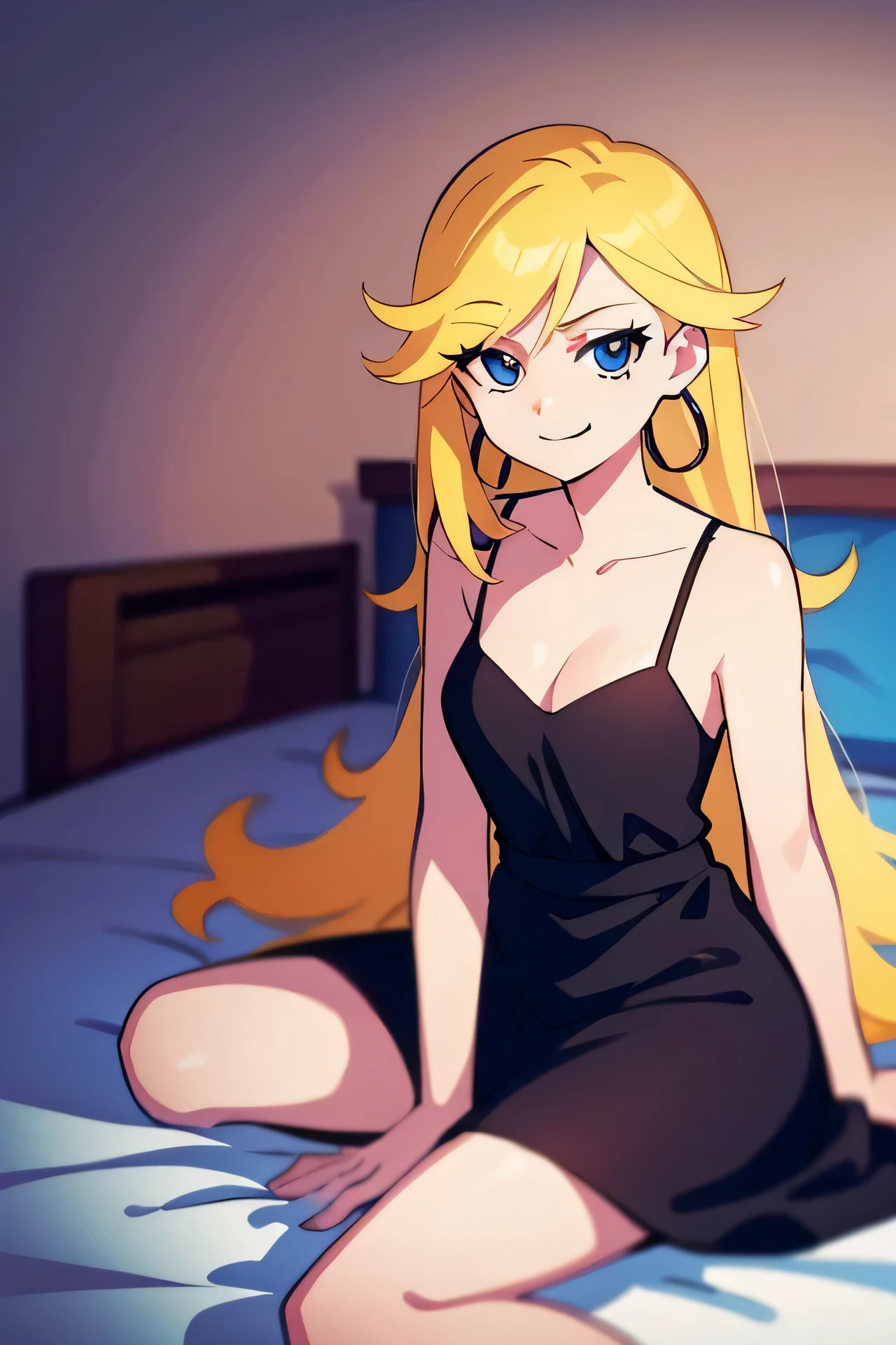 masterpiece, best quality, solo, 1 girl, psgpanty, black dress, blue eyes, long hair, blonde hair, hoop earrings, upper body, collarbone, little sleeveless black dress, parody, indoor bedroom, smile, sitting on her bed
