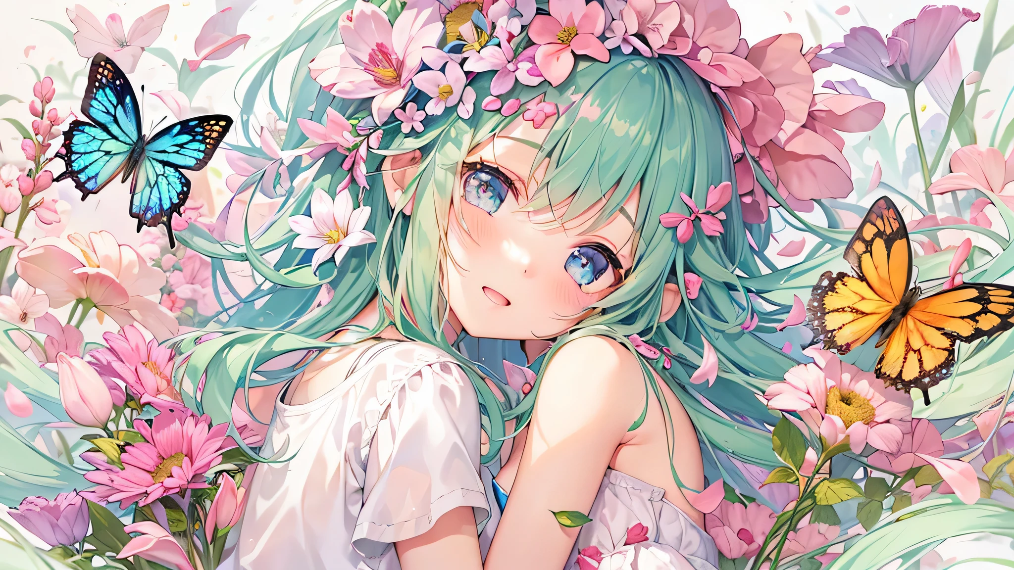 Two pure and innocent girls、Children and adults、2 people(One with pink hair、1 Name Light Blue Hair)、Cute face、Beautiful Eyes、naked、Nipples、Pussy、Natural beauty、Warm sunshine、Wildflowers swaying in the breeze々Surrounded by、Enjoying time in the fields。Butterflies and birds fly around her、Creates a playful atmosphere。