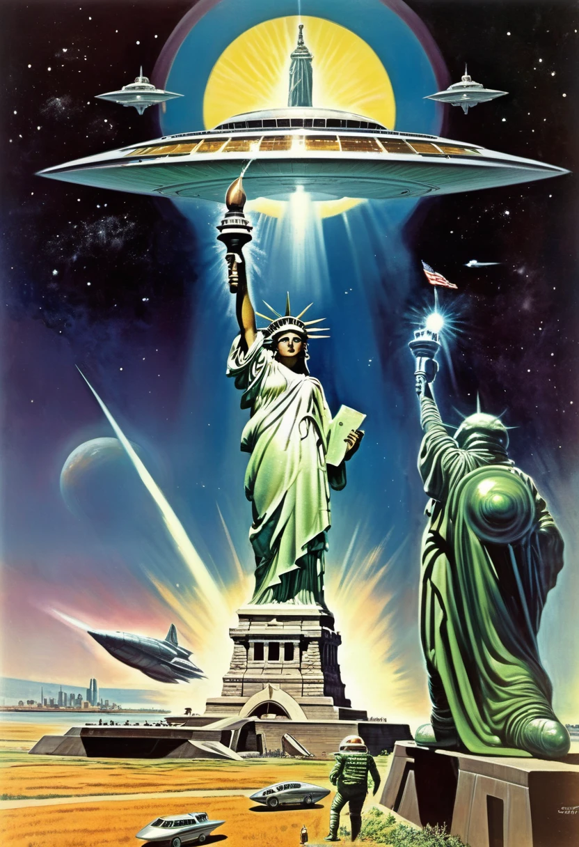 There is a painting of the Statue of Liberty with a spaceship in the background., Frank Kelly Freese, Don Arday, Kelly Freese, Depicted as a sci-fi scene, 70&#39;s retro sci-fi art, vintage sci-fi art, 70s science fiction art, Retroscience - FI Images, terry oaks, Aliens invading Earth