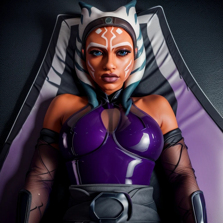 ahsoka,Lie in a latex vacuum bed,(best quality,4k,8k,highres,masterpiece:1.2),ultra-detailed,(realistic,photorealistic,photo-realistic:1.37),dark and moody,portrait,vivid colors,soft lighting,framed by shadows,luminous glow,acrylic painting,subtle textures,sensuous and glossy,latex fabric,glossy and smooth surface,form-fitting,purple and black color scheme,body contoured curves,reflections of light on the latex,transparent vacuum cover,emphasizing the contours of her body,restrained and vulnerable,lashes casting delicate shadows on her cheeks,focus on her expressive eyes,intense gaze,brightly colored eyes with intricate details,gentle yet seductive smile,subtle blush on her cheeks,purple highlights in her hair,soft and flowing hairstyle,breathing tube and valve connecting the vacuum bed,shadows creating a sense of mystery and anticipation,exquisite detail on her facial features and expressions,sophisticated atmosphere,unique and captivating composition,meticulous realism in the portrayal of her body and the latex material,creating a sense of tension and sensuality.