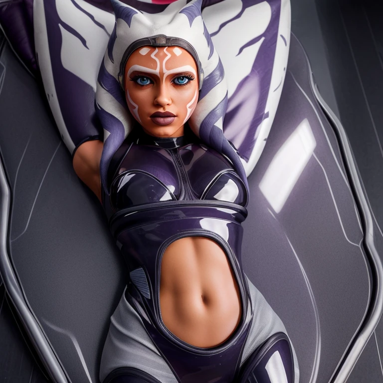 ahsoka,Lie in a latex vacuum bed,(best quality,4k,8k,highres,masterpiece:1.2),ultra-detailed,(realistic,photorealistic,photo-realistic:1.37),dark and moody,portrait,vivid colors,soft lighting,framed by shadows,luminous glow,acrylic painting,subtle textures,sensuous and glossy,latex fabric,glossy and smooth surface,form-fitting,purple and black color scheme,body contoured curves,reflections of light on the latex,transparent vacuum cover,emphasizing the contours of her body,restrained and vulnerable,lashes casting delicate shadows on her cheeks,focus on her expressive eyes,intense gaze,brightly colored eyes with intricate details,gentle yet seductive smile,subtle blush on her cheeks,purple highlights in her hair,soft and flowing hairstyle,breathing tube and valve connecting the vacuum bed,shadows creating a sense of mystery and anticipation,exquisite detail on her facial features and expressions,sophisticated atmosphere,unique and captivating composition,meticulous realism in the portrayal of her body and the latex material,creating a sense of tension and sensuality.