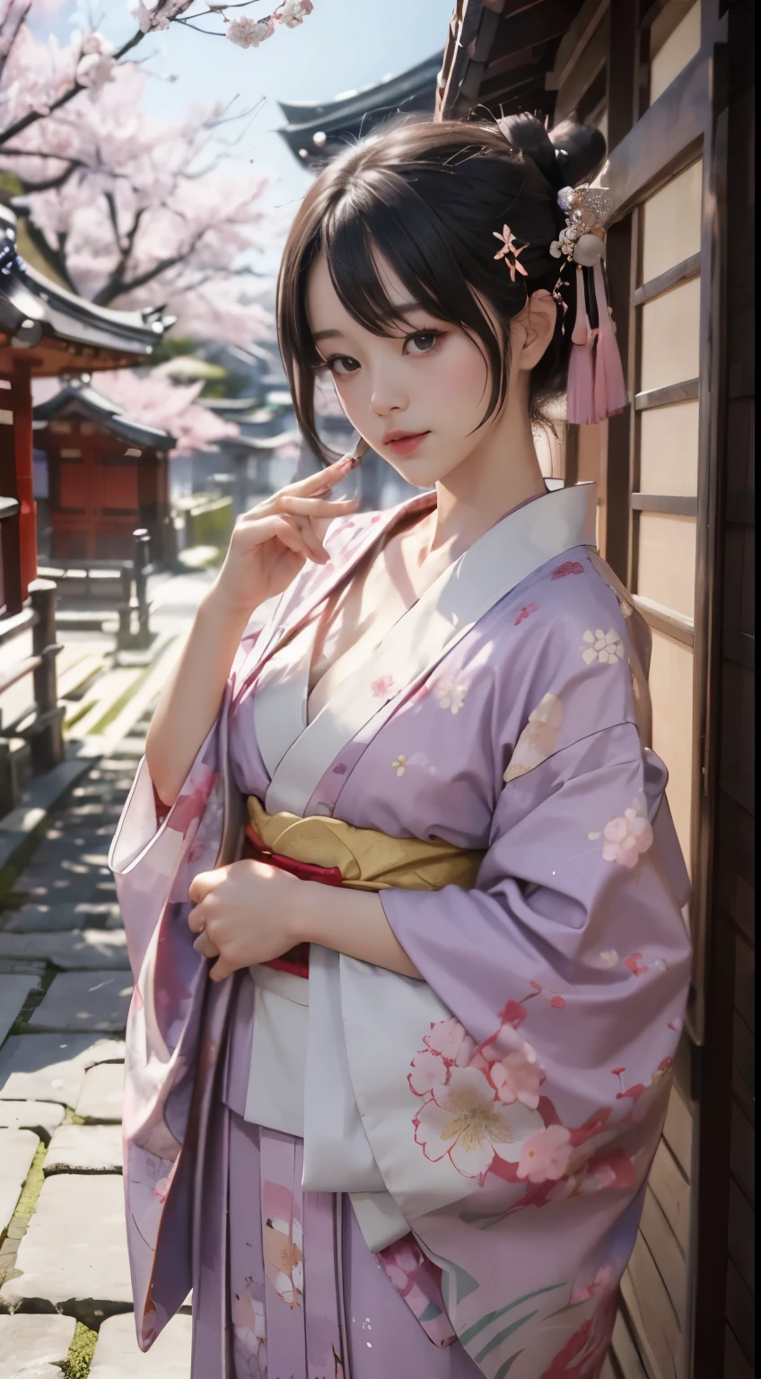 The upper part of the body、女の子1人、A dark-haired、Bun hair、mansion、Purple Eye、Gorgeous kimono、off shoulders、Smaller chest、Japan anime-style odd eye spell, rain falling