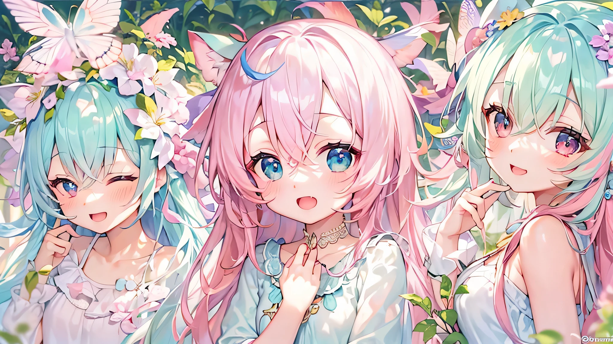 Two pure and innocent girls、Children and adults、2 people(One with pink hair、1 Name Light Blue Hair)、Cute face、Beautiful Eyes、naked、Nipples、Pussy、Natural beauty、Warm sunshine、Wildflowers swaying in the breeze々Surrounded by、Enjoying time in the fields。Butterflies and birds fly around her、Creates a playful atmosphere。