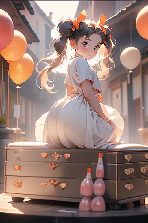 (holding ballons), (((full body))), real photo, girl, Brat female , (((drawers))), ((looking back at me)), twin tails, big ribbon,