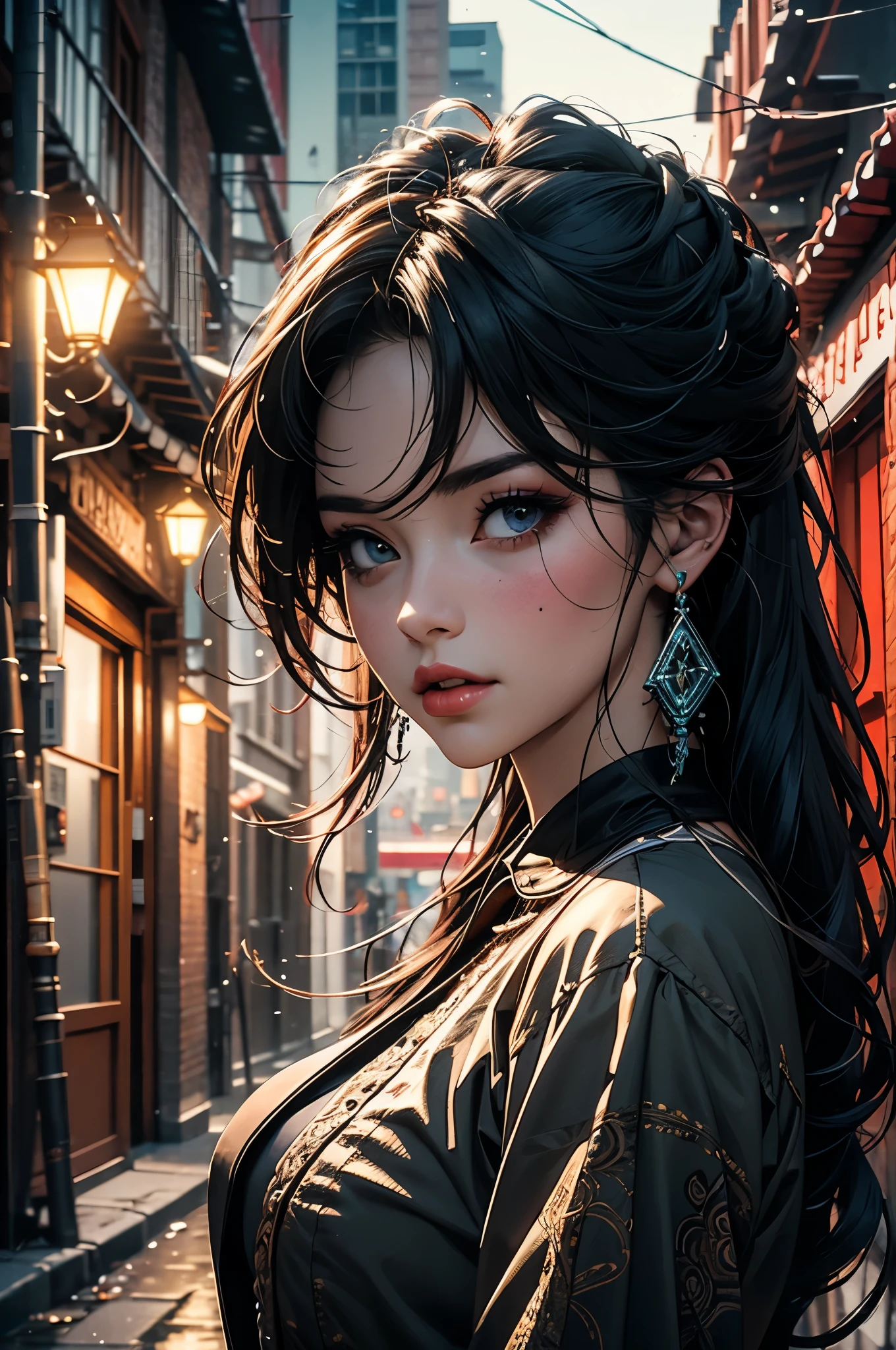 Centered, symmetrical, portrait official art, unity 8k wallpaper, ultra detailed, beautiful and aesthetic, masterpiece, best quality, (zentangle, mandala, tangle, entangle), (fractal art:1.3) , 1girl, extremely detailed, dynamic angle, atmospheric, ecstasy of musical notes, streaming musical notes visible. Luminous light. Luminous, 4K, highly detailed Cyberpunk alley at night.