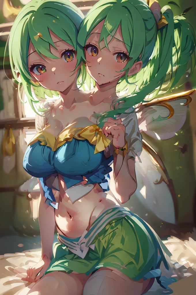 (masterpiece, best quality), best quality, (ultra-detailed), (3heads:1.5), 1girl, (daiyousei:1.3), masterpiece, best quality, ultra quality, ultra resolution, blue top, crop top, ((stomach)), midriff, ((groin)), blue skirt, normal ears, shackles, green hair, very long hair, wavy hair, sidelocks, yellow eyes, parted lips, single horn, sweat, cute, toned belly, hand on own chest, eyelashes, (23 year old woman:1.3), (masterpiece:1.5), (best quality:1.5), (beautiful detailed), extremely detailed CG, extremely delicate and beautiful, depth of field, (finely detailed face), (perfect details:1.2), ( female:1.3), wide pelvis, slender, large veiny breastresolution, highres, high quality, high definition, extremely detailed, masterpiece, best quality, green hair, long hair, alluring presence, braid, short skirt, close up, big tits, yory wings, yellow ribbon, side ponytail, nsfw, open belly,