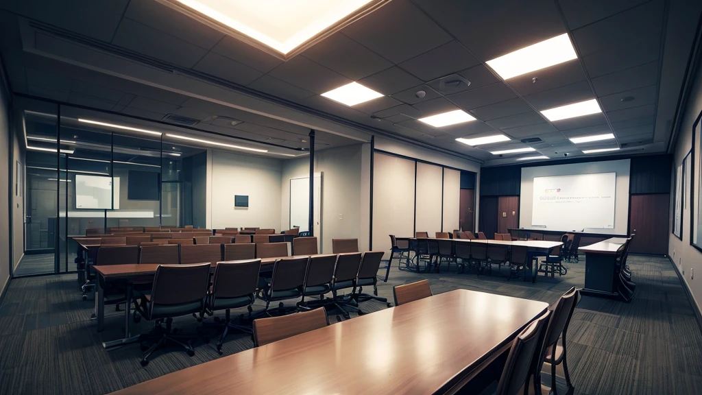 (a dimly lit,empty conference room),(professional:1.2,highres:1.1,realistic),conference room interior,dark and muted colors,modern design,focus on the pedestal