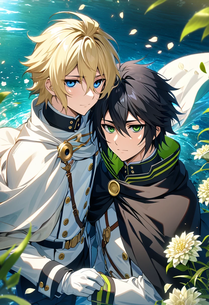Ultra detailed, highres, absurdres, HDR, Mika Hyakuya, blue eyes, wavy blond hair, Yuu Hyakuya, black hair, green eyes, Owari No Seraph, flowers, petals, green leaves, water, two man together, gay couple, handsome, cape, white gloves, white clothes, very detailed face and eyes,