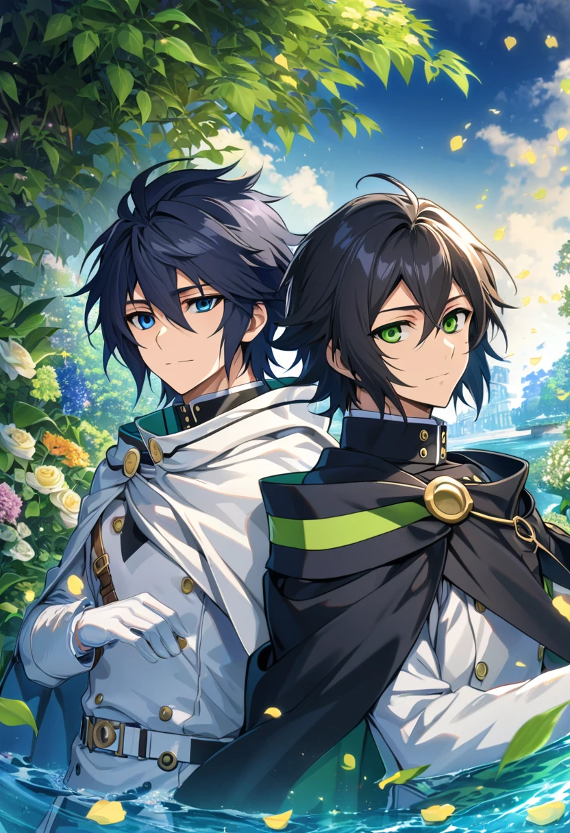 Ultra detailed, highres, absurdres, HDR, Mika Hyakuya, blue eyes, wavy blond hair, Yuu Hyakuya, black hair, green eyes, Owari No Seraph, flowers, petals, green leaves, water, two man together, gay couple, handsome, cape, white gloves, white clothes, very detailed face and eyes,