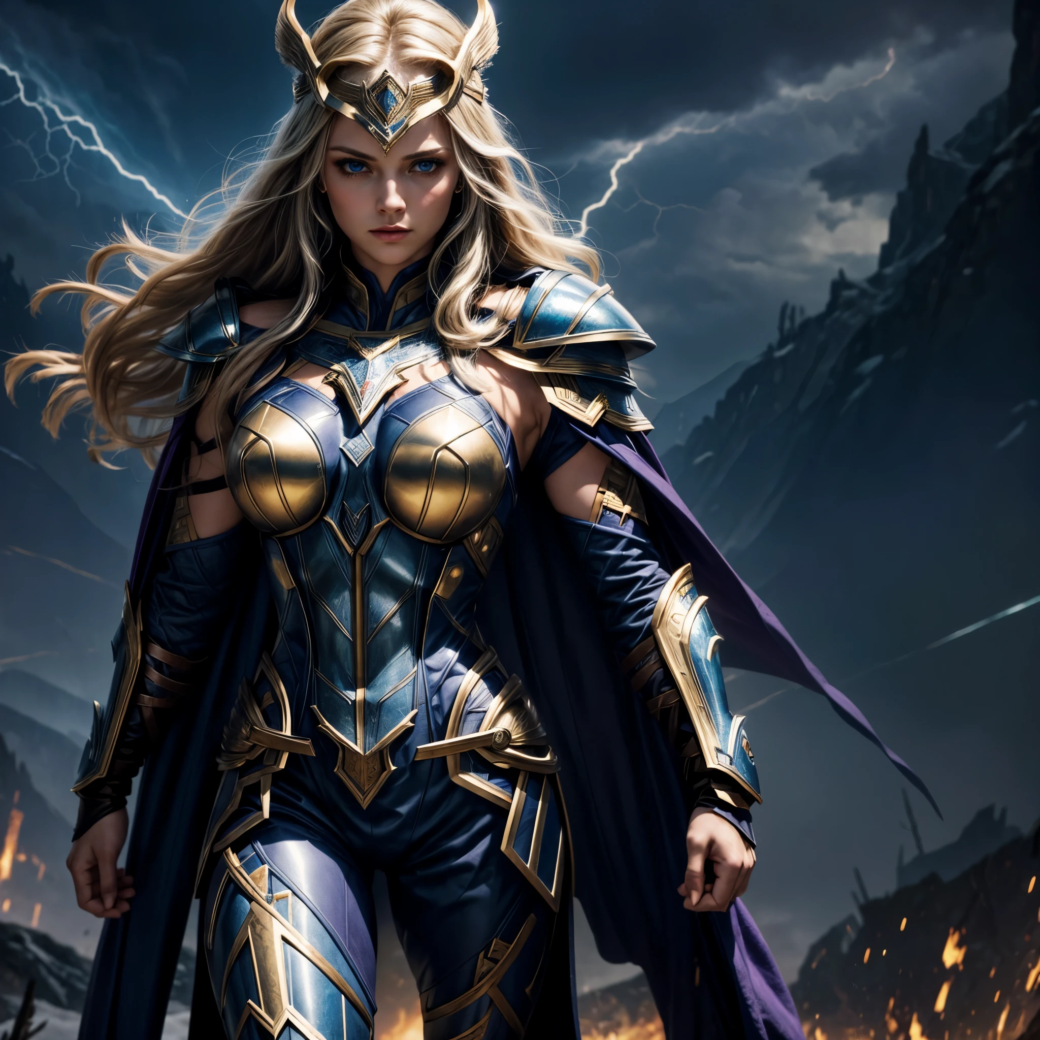 1woman, digital illustration of Thundra, the Asgardian hero, standing confidently in her dark blue/purple armor with gold trim inspired by Jack Kirby's designs. blonde hair. Capture the essence of her power as she commands thunder and lightning, with her cape resembling a star field. Include the (((Norse helm with gold wings))) and showcase her right hand covered in a heavy armored glove. cosmic background. deep v neck. stern expression, (best quality), (masterpiece), realistic, sharp, 8k, (helmet), (purple armor), valkyrie, (full body), pretty face, (blue eyes), (((left hand glove))), (((Armored left hand))), bare right hand
