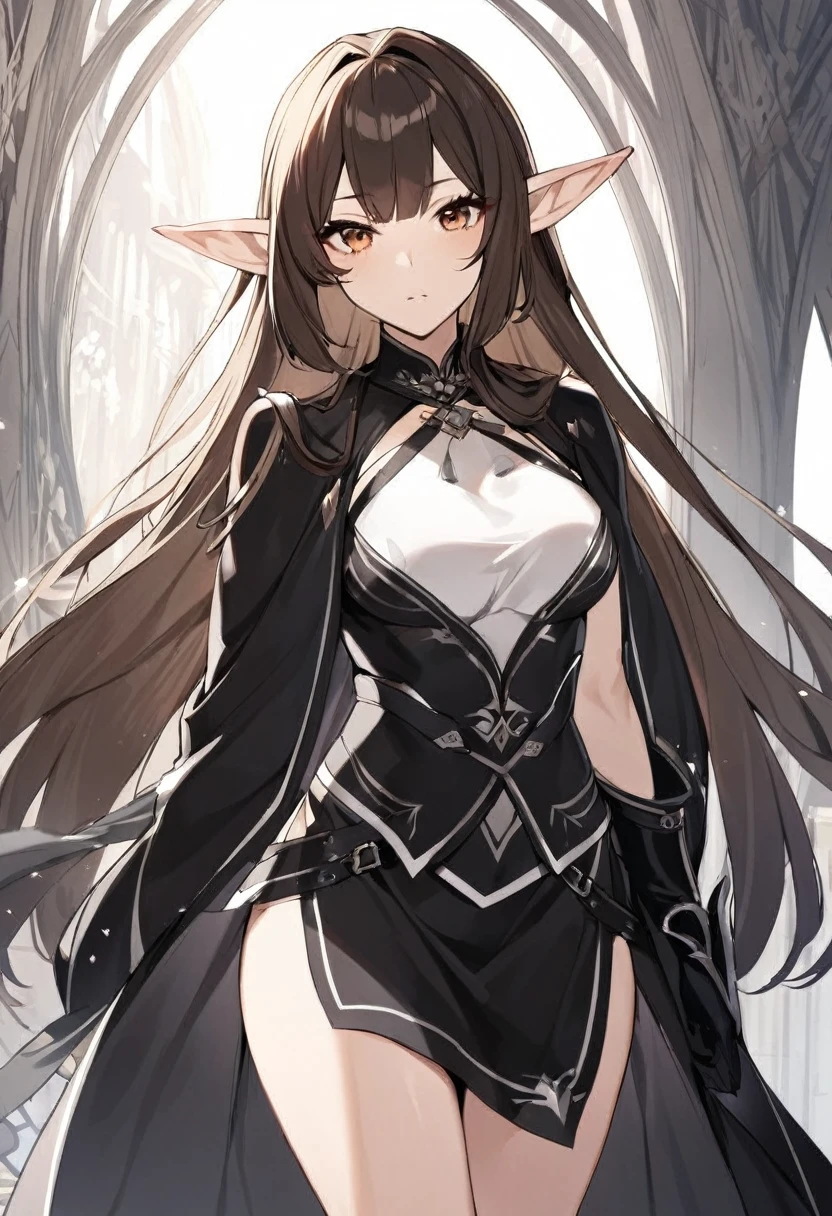1girl, medium length brunette hair, elf ears, wearing fantasy clothing all black and white